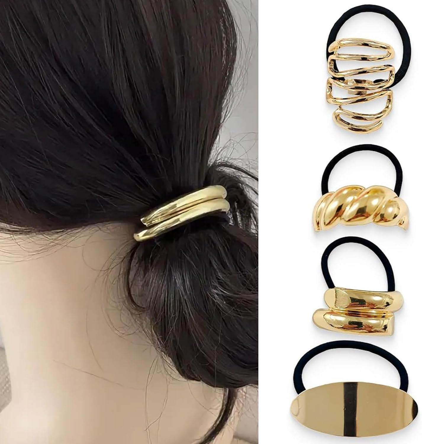 Golden Hair Scrunchie Bracelet, Gold Elastic Hair Bands, Pack of 4, Girls, Geometric Style, Elastic, for Girls and Women image number 2