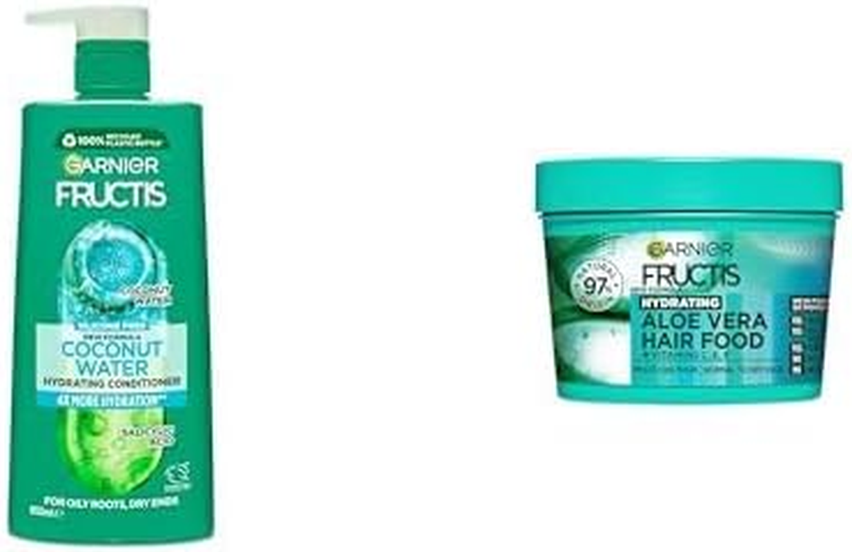 Garnier Fructis Coconut Water Conditioner for Oily Roots Dry Ends 850Ml & Garnier Fructis, 3-In-1 Hair Mask, Hydrating & Increases Shine, Hair Food Aloe Vera, 390Ml