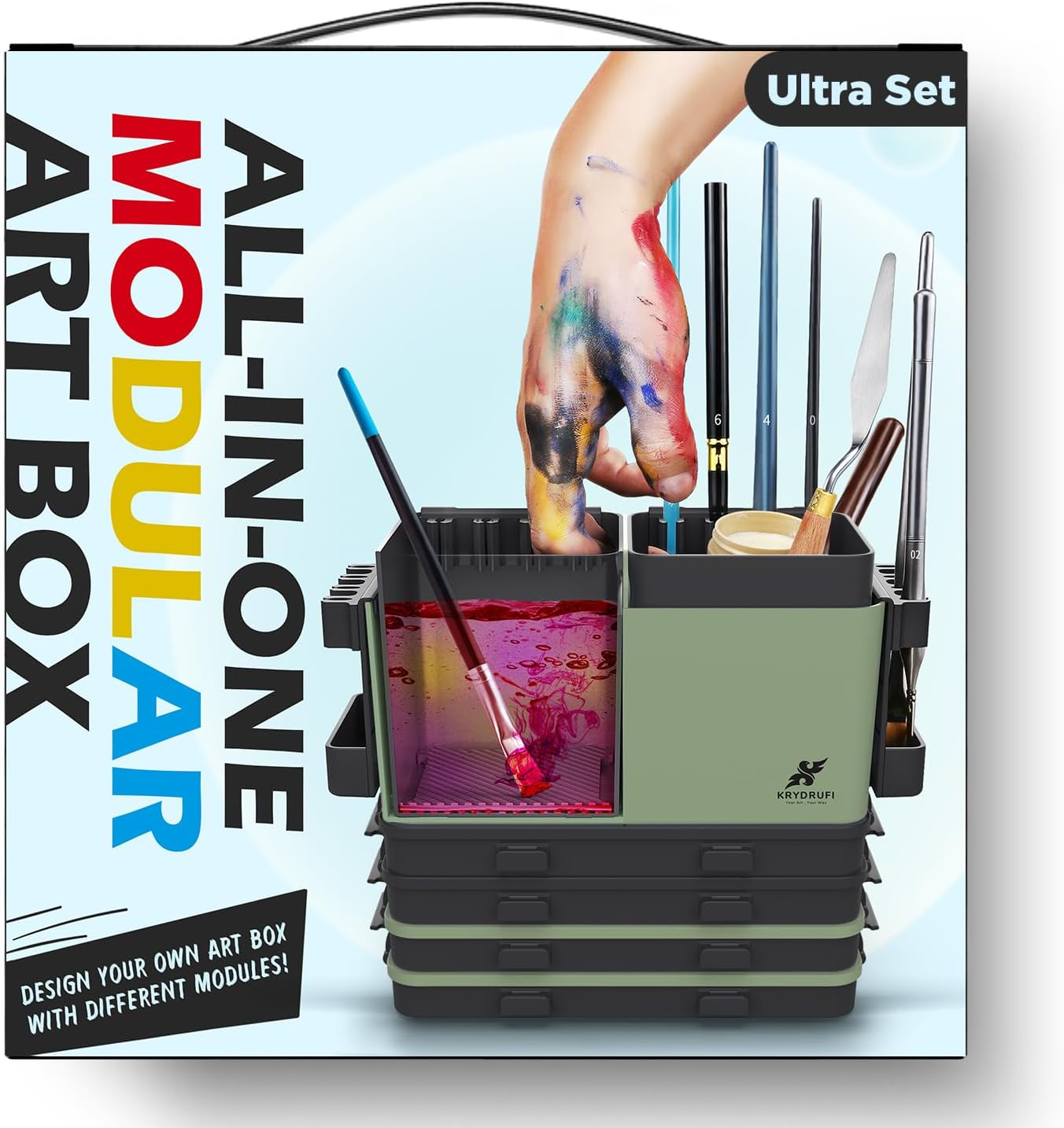 KRYDRUFI Portable All-In-One Modular Painting Station with Paint Brush Cleaner and Holders,Wet Paint Palette Tray with Lid for Miniature Painting and Acrylic Paints (Ultra Set)