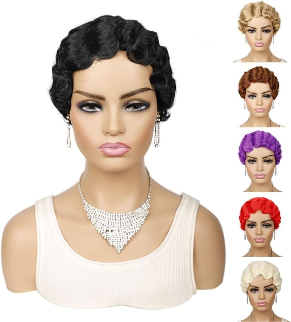 Synthetic Short Retro Cute Wate Wave Wig 6Inch Natural Black Blond Red Cosplay Wigs for Black Women 1B 6Inch image number 1