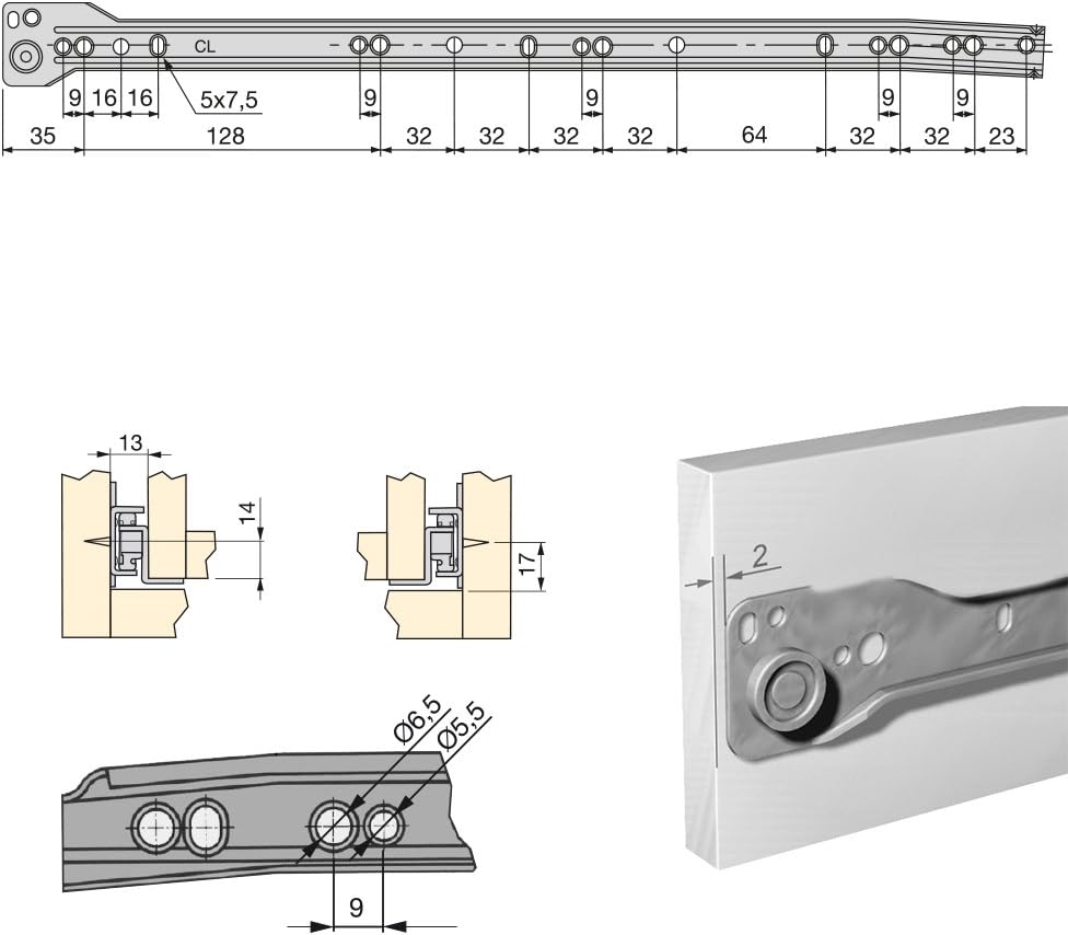 Emuca - Drawer Runners 450Mm (17,7 Inch) with Partial Extension in Black Colour, Set of 5 Sliders for Drawer