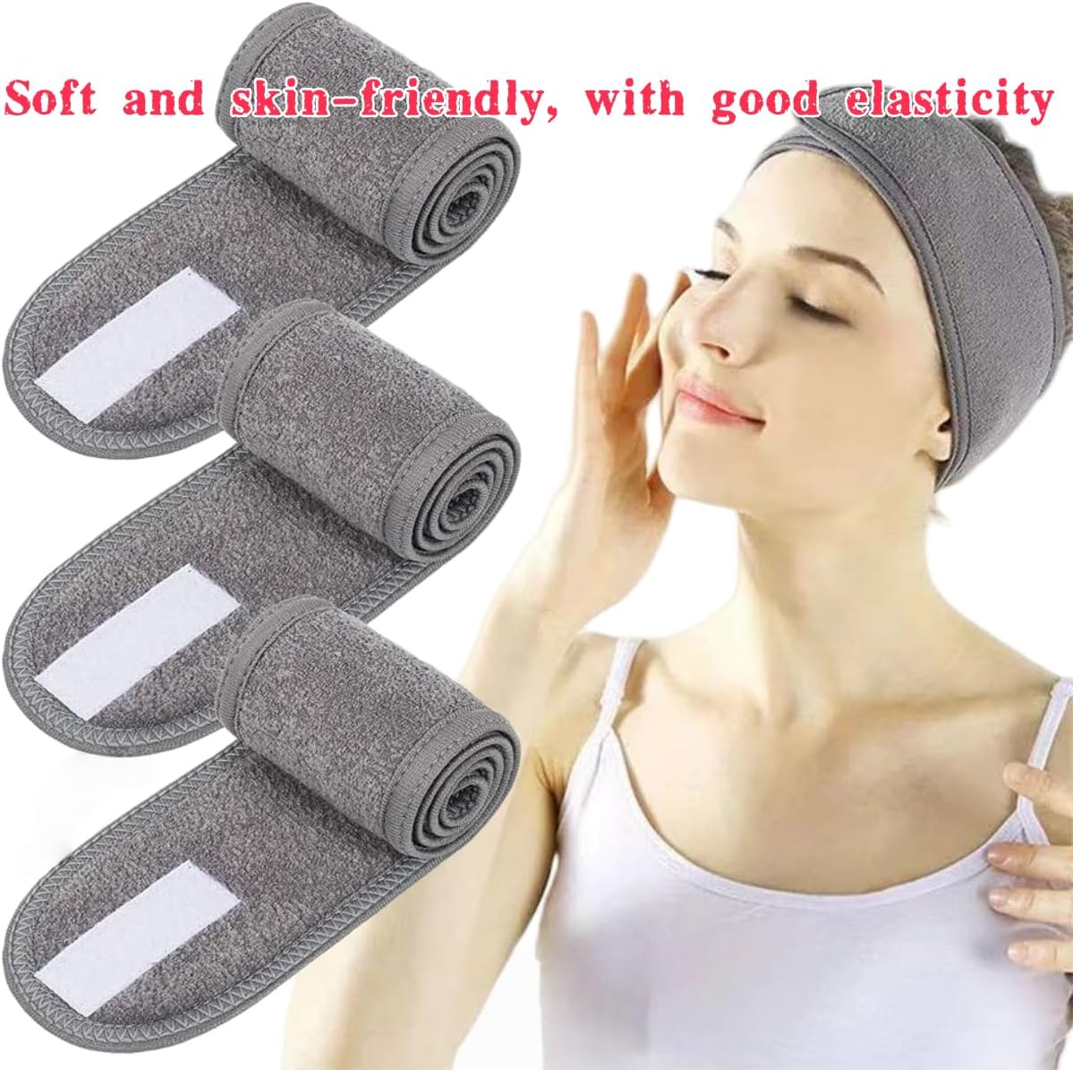 Grey Adjustable Women'S Spa Facial Headband, Skin Care Headband, Makeup Headband, Suitable for Washing Face, Makeup, Bathing, Yoga and Fitness 3 Pieces image number 3
