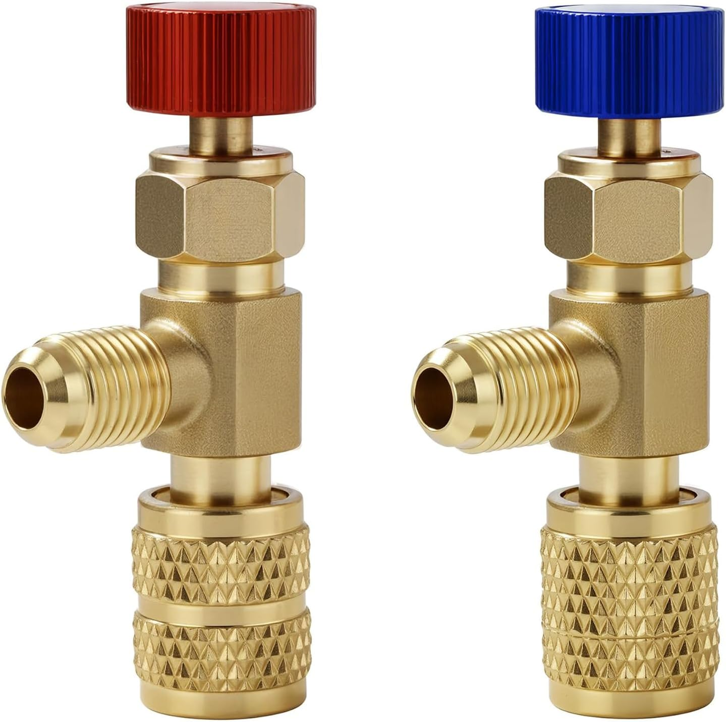 SILHOL Refrigerant Charging Valve 2 Pieces, Red R22 R410-1/4 Male to 5/16Inch Female, Blue R22-1/4 Male to 1/4Inch Female, Safety Adapter Flow Control Ball Valve for R22 R410 Air Conditioner Manifold image number 3