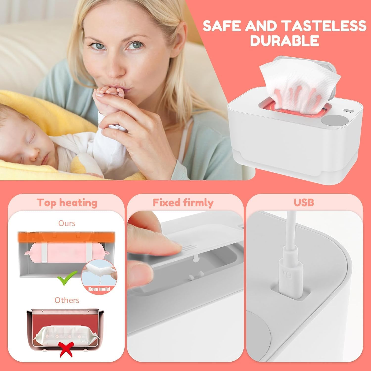 Wipe Warmer for Babies, Baby Wipes Warmer with 55-65℃ Temperature Adjustment, 24H Constant Temperature, Top Thermal Cycle, 120 Pump Capacity, USB Interface, Wipe Warmer for Home, Car image number 5