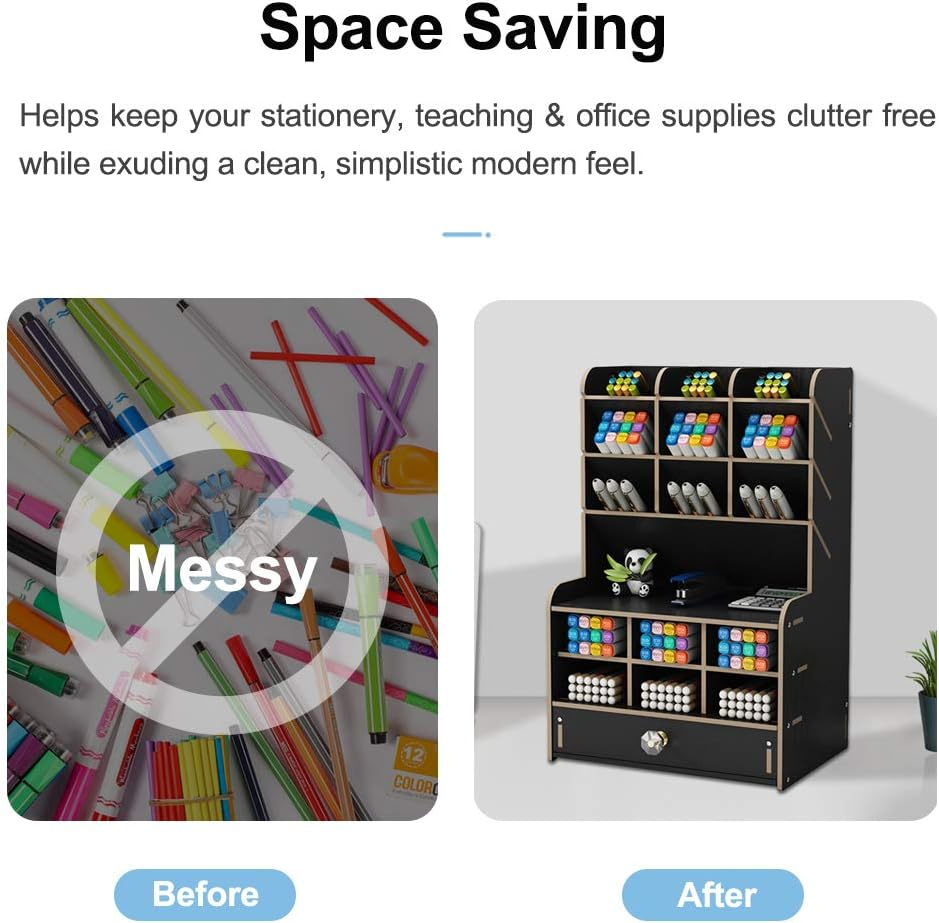 Wooden Desk Organizer with Drawer, Large Capacity DIY Pen Holder Storage Box Desktop Stationary Storage Rack, Pen Organizer Caddies for Office, Home and School Supplies (B16-Black) image number 4