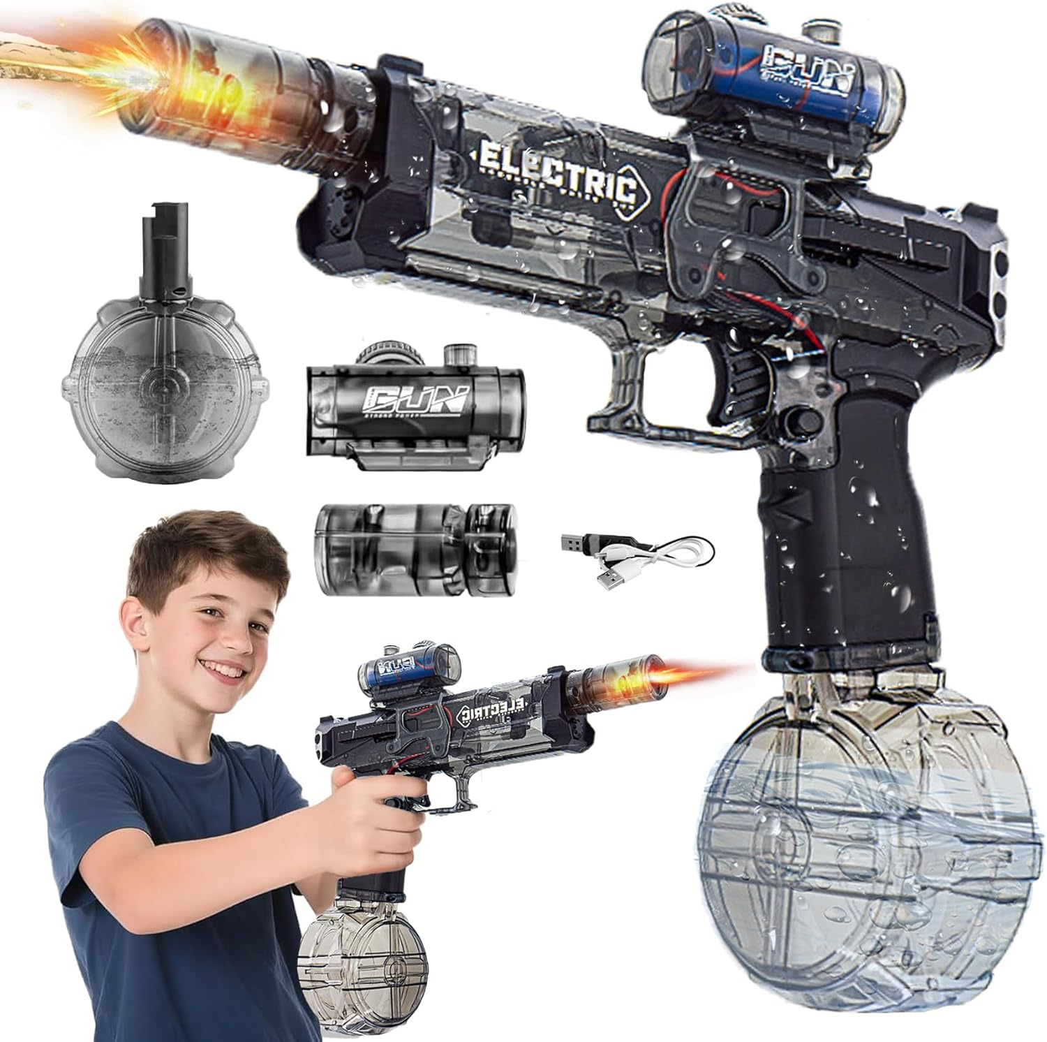 Wakouter Electric Water Gun for Adults Kids, Long Range Automatic Squirt Watergun, with Realistic Guns Muzzle Flame Rechargeable Automatic Watergun Swimming Toys for Summer Pool Beach Party (Black)