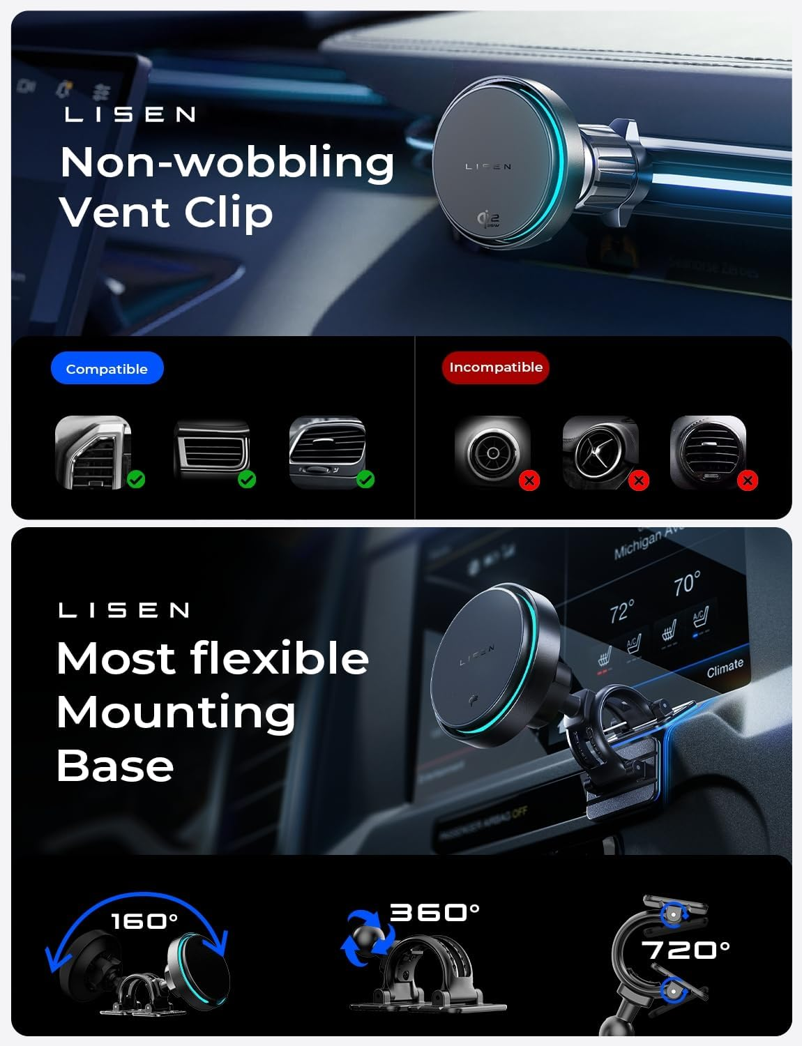 LISEN for Qi2.2 25W Magsafe Car Charger Mount，[Top Spec with Cooling Fan＆95W Custom Adapter] Magnetic Wireless Car Charger Fast Charigng for Iphone 17/16 Pro Max plus Air with Ios26，Vent or Dashboard image number 5