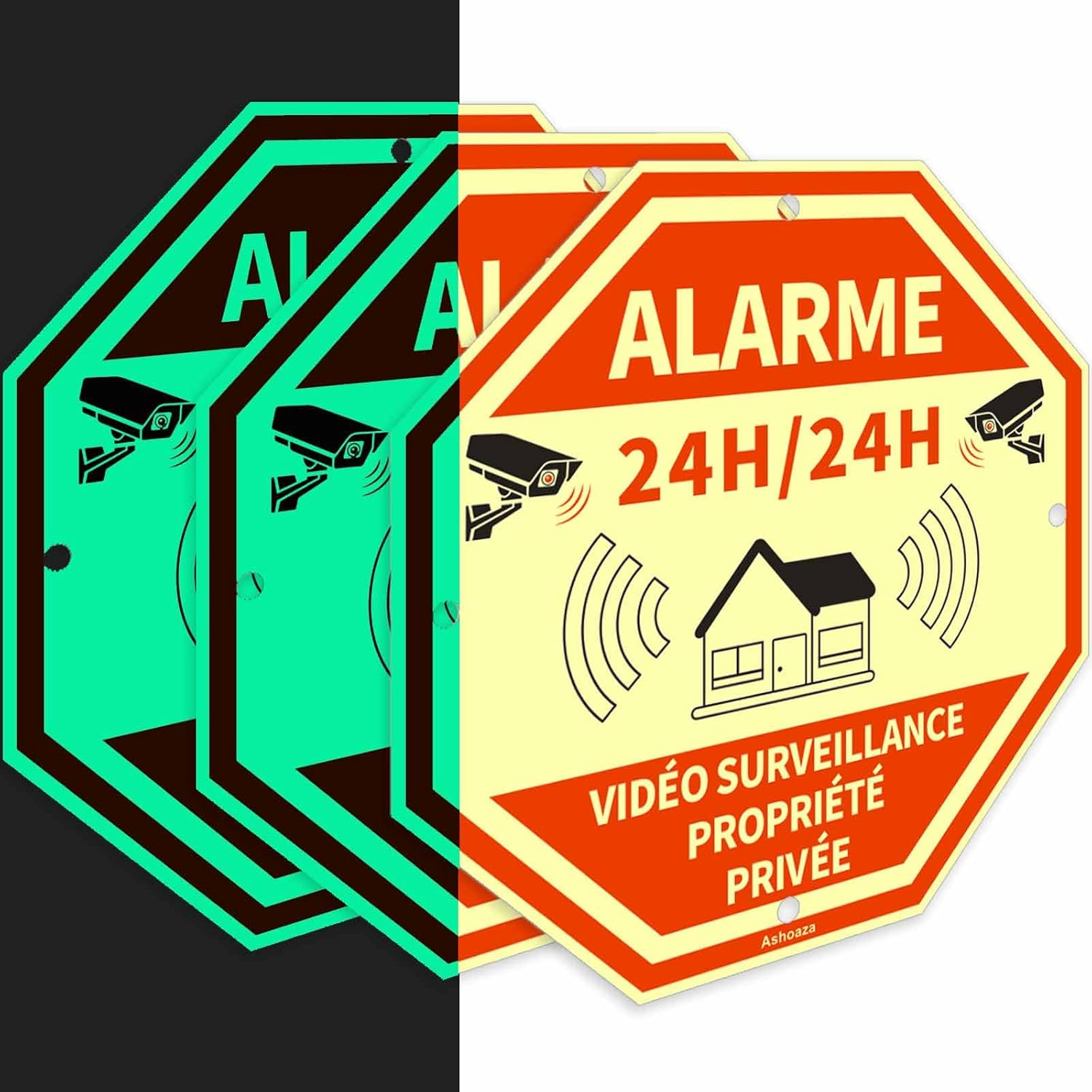 Fr-French Private Property Phosphorescent Aluminium 3 Security Alarms with CCTV Self Adhesive Video Surveillance Signs for Home Alarms Octagonal 15 X 15 Cm image number 3