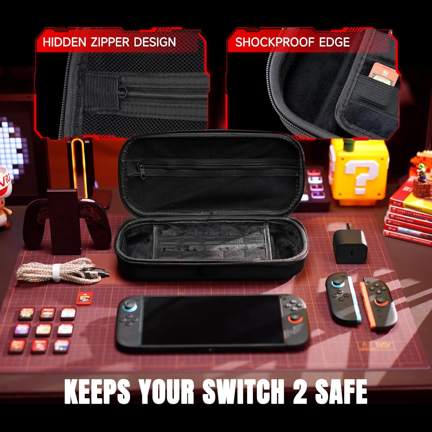 Playvital Carrying Case for Nintendo Switch 2 with Silicone Charging Port, Portable Travel Case with 10 Game Card Slots, Shockproof Protective Hard Shell for Switch 2 Accessories Storage &ndash; Black image number 6