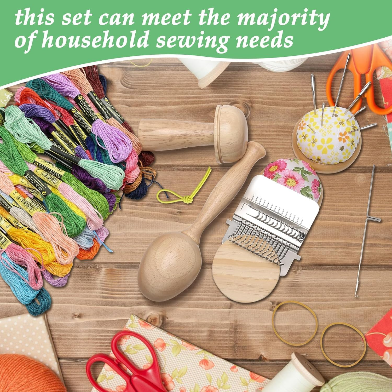 Darning Egg Darning Mushroom for Socks Darner Egg Kit Include 14 Hooks Small Weaving Darner Loom 9 Large Eye Needles 50 Colors Thread for DIY Handicraft Home Sewing Care image number 3