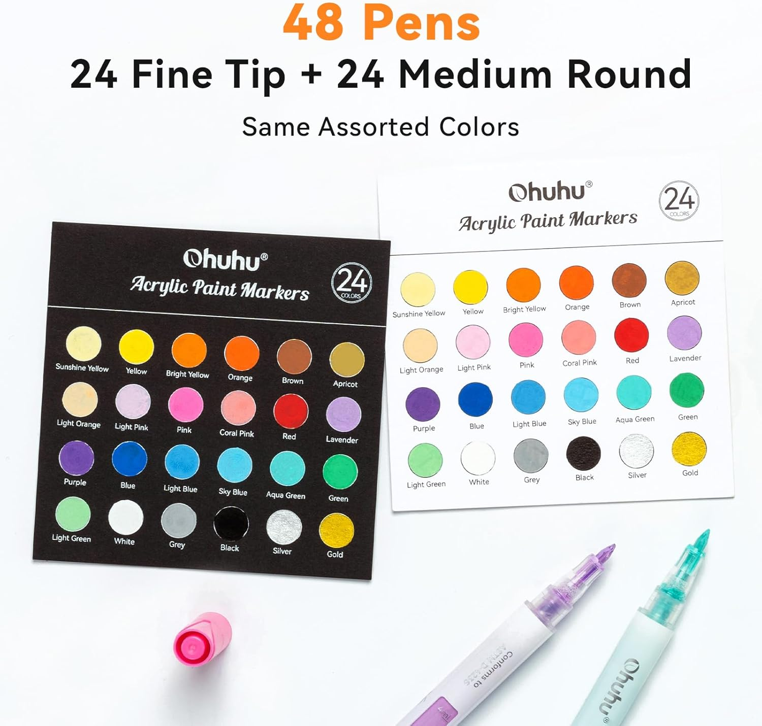 Ohuhu Acrylic Paint Markers: 48 Paint Pens 24 Colours Marker Set with Fine & Reversible Tips, Waterproof Paint Pens for Rock, Wood, Glass, Plastic, Ceramic, Canvas, Art Supplies, Age 3+ image number 3