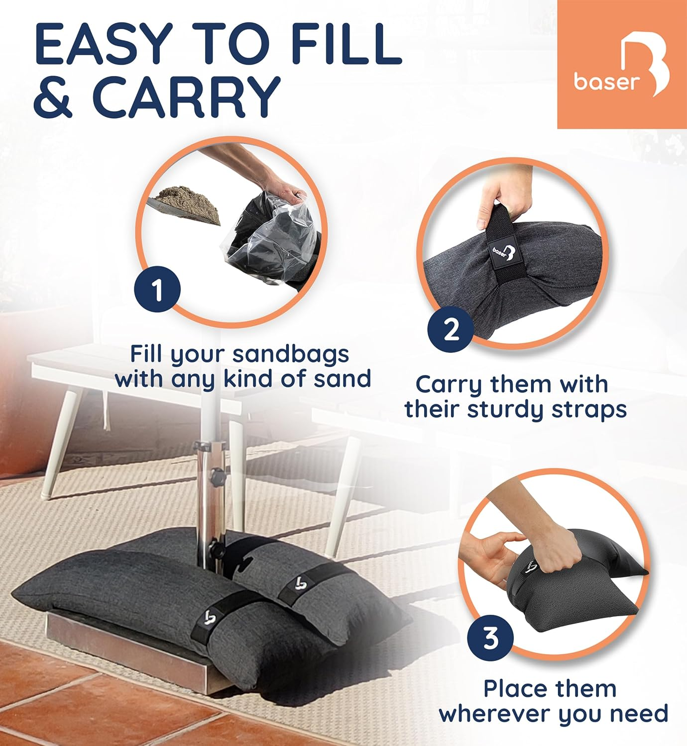 BASER - Outdoor Fillable Straight Sandbags, Fillable Weight Bags for Umbrellas, Cantilevers and Garden Accessories