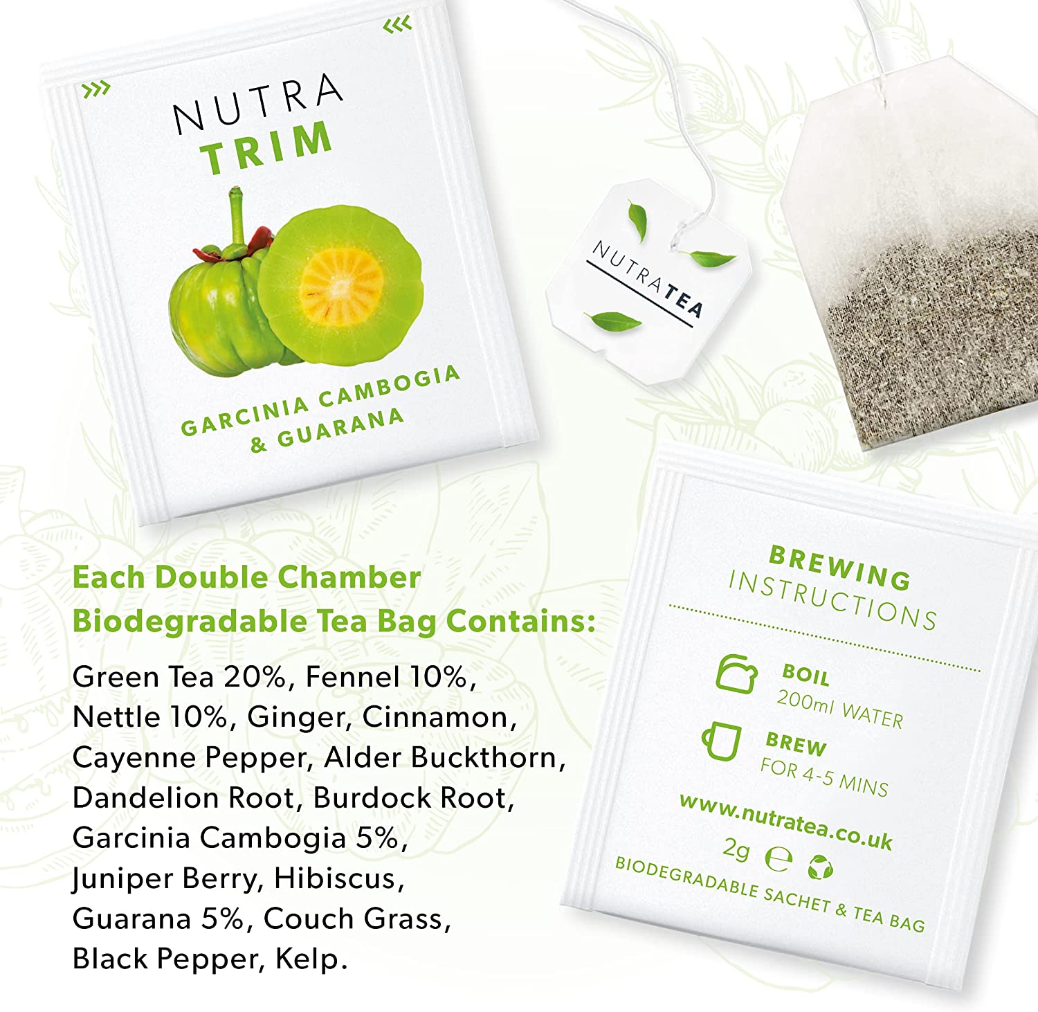 NUTRATRIM - Slimming Tea | Detox Tea for Weight Loss - Aids in Digestion & Controls Sugar Cravings - Includes Garcinia Cambogia - 20 Enveloped Tea Bags - by Nutra Tea - Herbal Tea