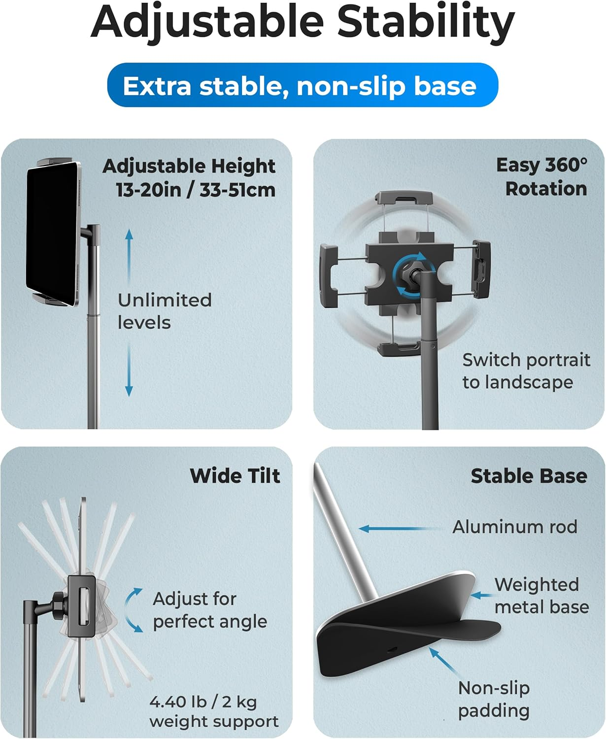 Cooper Tabstand - Height Adjustable Ipad Stand for Desk, Tablet Holder, 16" Portable Monitor Stand | Aluminum Alloy Telescoping Tablet Tripod for All Ipad, Pro, Air, Mini & Kindle (Night Black) - New Night Black (4.4 Lb Support) image number 6