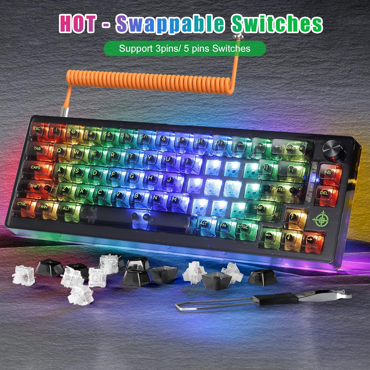 MAGIC-REFINER MK31 60% Wired Hot Swappable Mechanical Keyboard with Transparent Keycaps, Compact 66 Keys Chroma RGB Backlit Ergonomic Custom Gaming Keyboard Knob Control for PC/MAC image number 5