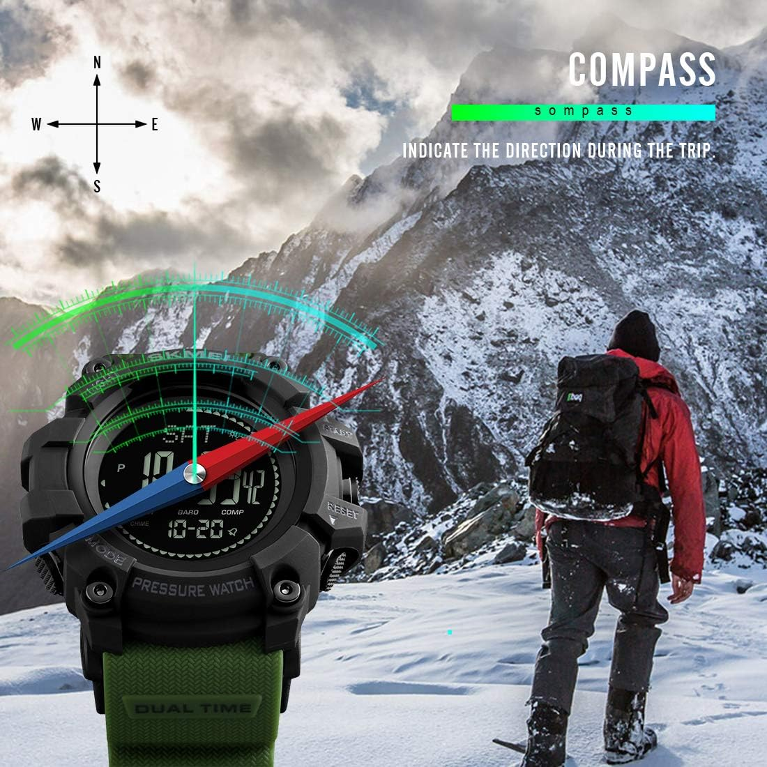 Compass Watch Army, Digital Outdoor Sports Watch for Men Women, Pedometer Altimeter Calories Barometer Temperature Waterproof image number 3