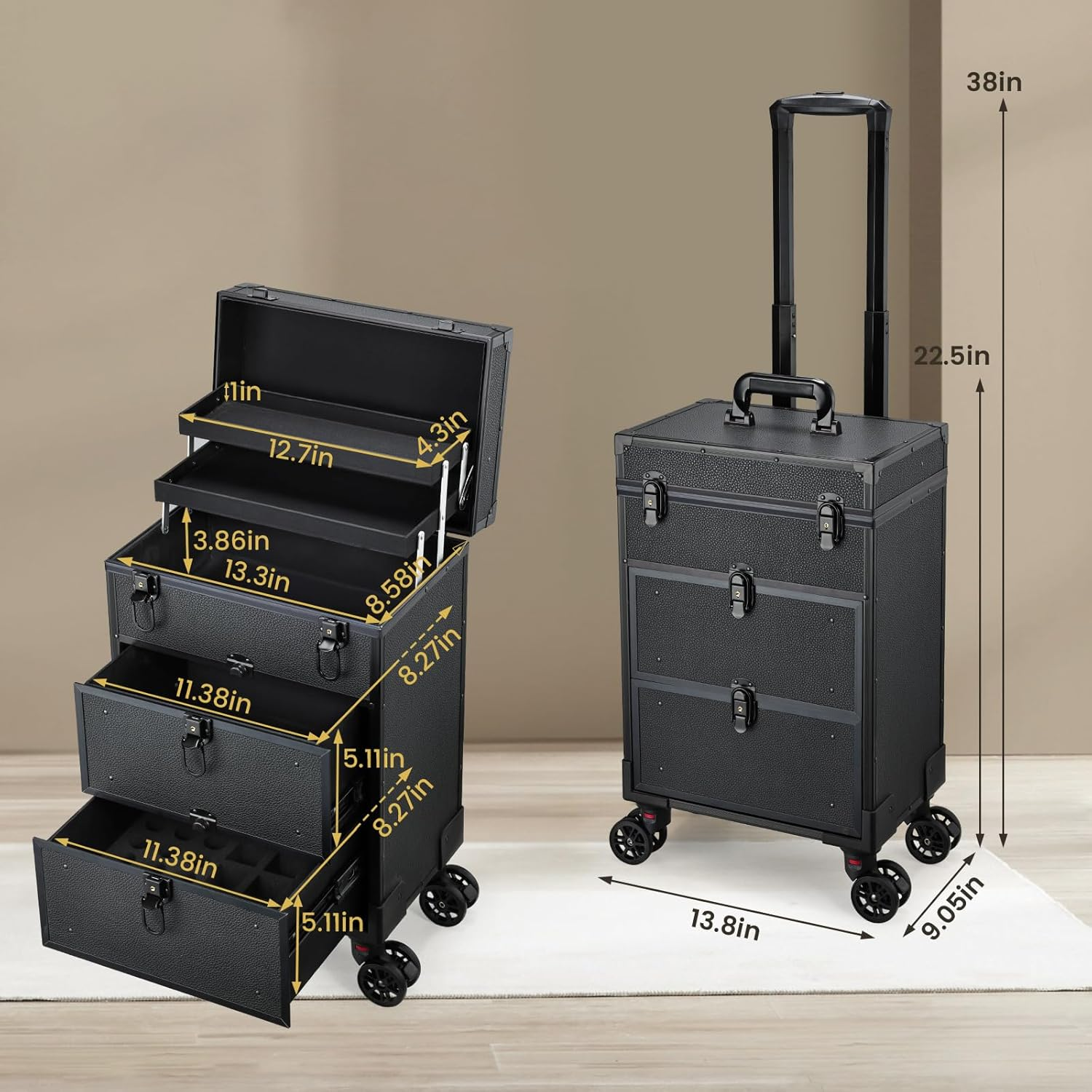 Yueieoun Rolling Makeup Case with Wheels, Black image number 6