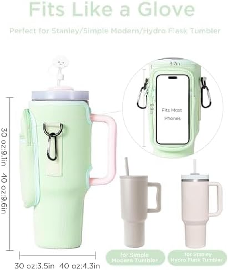 Dabria Water Bottle Carrier Bag with Phone Pocket for Stanley 40/30 Oz Tumbler Neoprene Water Bottle Holder Pouch with Adjustable Strap Bollus with Straw Cover & Carabiner for Stanley Cup Accessories image number 4
