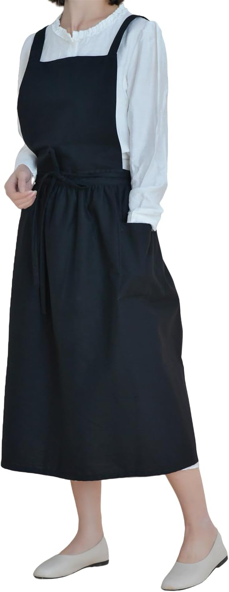 Cotton Solid Color Pinafore with Pockets Cross Back Straps Casual Bib Aprons Cooking Gardening Coffee Shop image number 3