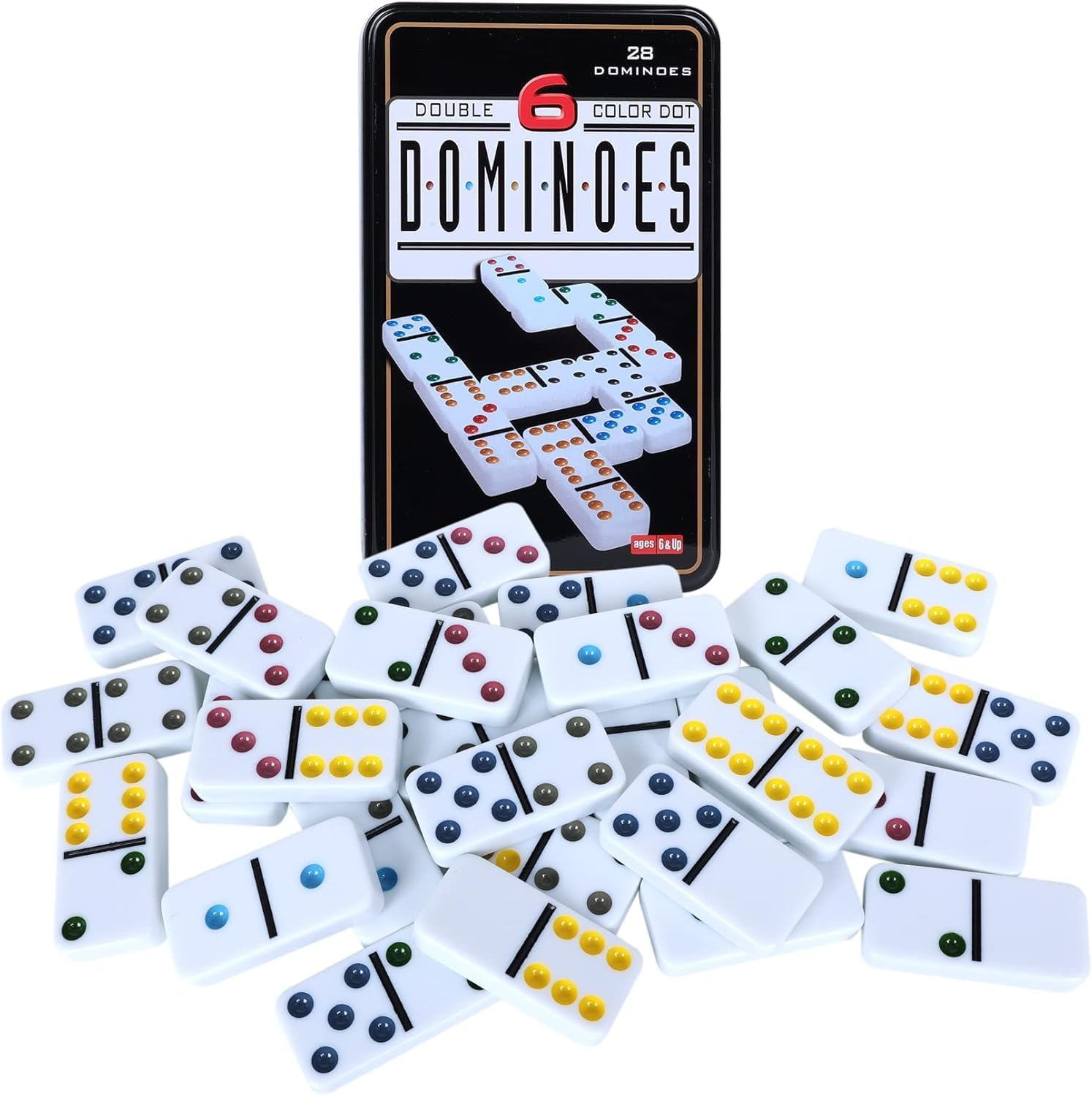 Double 6 Dominoes Set for Adults & Kids - Classic Domino Game with 28 Tiles Colored Dots - 2 or 4 Player Table Games & Ideal for Family Fun Game Night Party and Travel (Tin Box1) image number 3