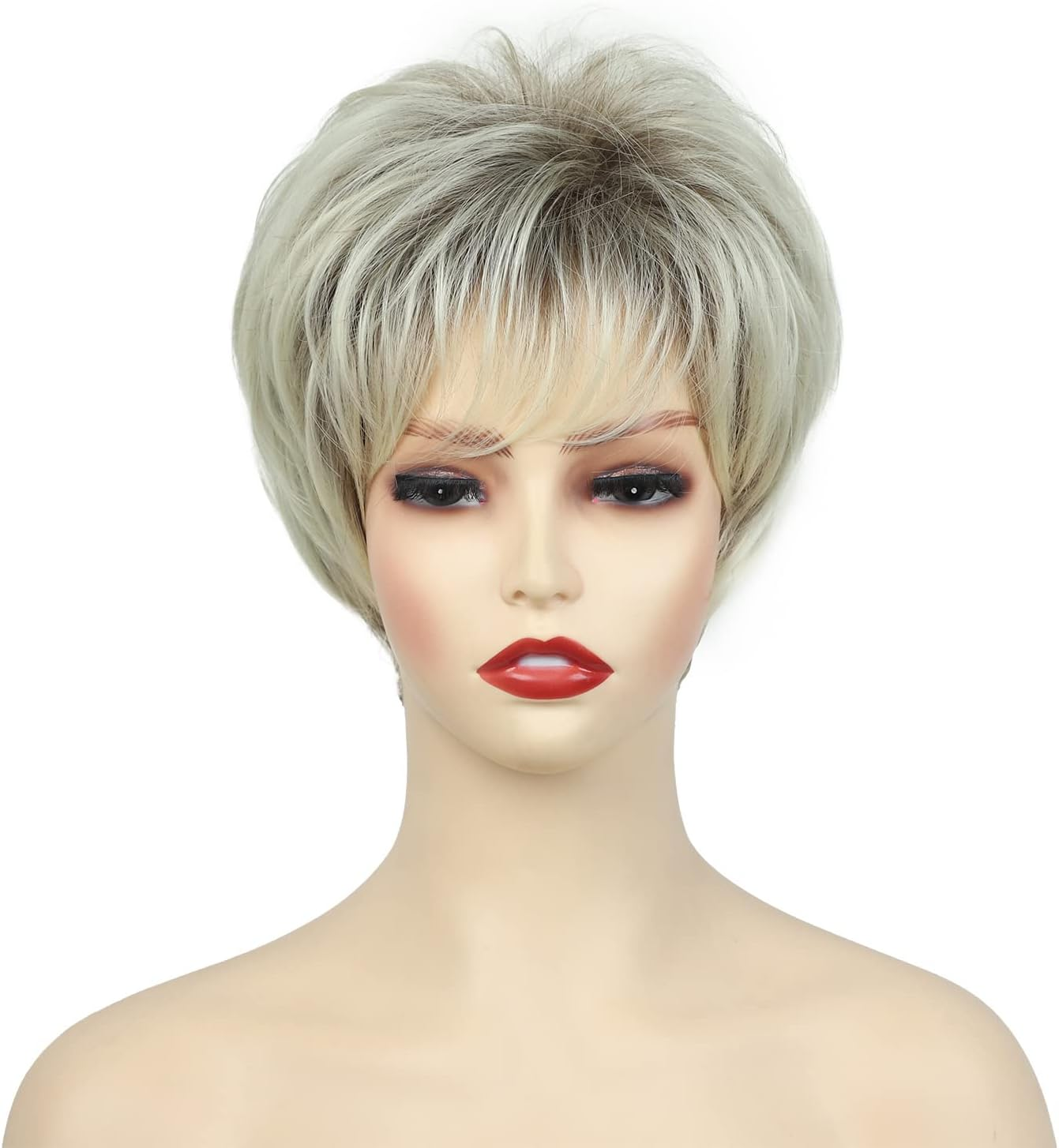 AUBWIG Brown Mixed Light Blonde Pixie Cut Short Wigs for Women Short Stylish Fluffy Tiered Wig with Fringe Short Bob Synthetic Wigs (Brown Mixed Light Blonde) image number 2