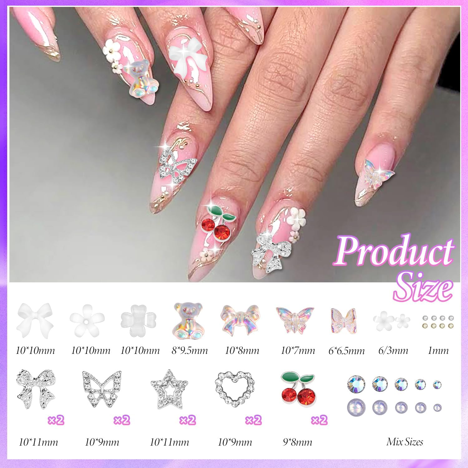 3D Nail Charms and Gems, White Flower Nail Pearls, Polar Clear Butterfly Bear Bows Nails Art Charm, Silver Cherry Star Heart Studs Jewelry Charms for Nails Art Design - Color-Set1 image number 6