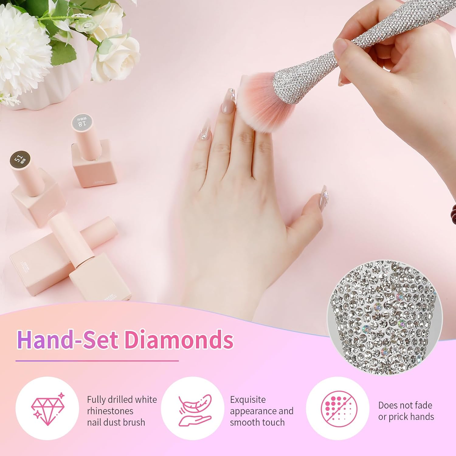 Heemeei Nail Dust Brush with Shiny Rhinestones, Dust Brush for Nails, Fluffy Nail Duster Brush for Acrylic Nails Powder Remover, Acrylic Cleaning Brush Acrylic Nail Tools