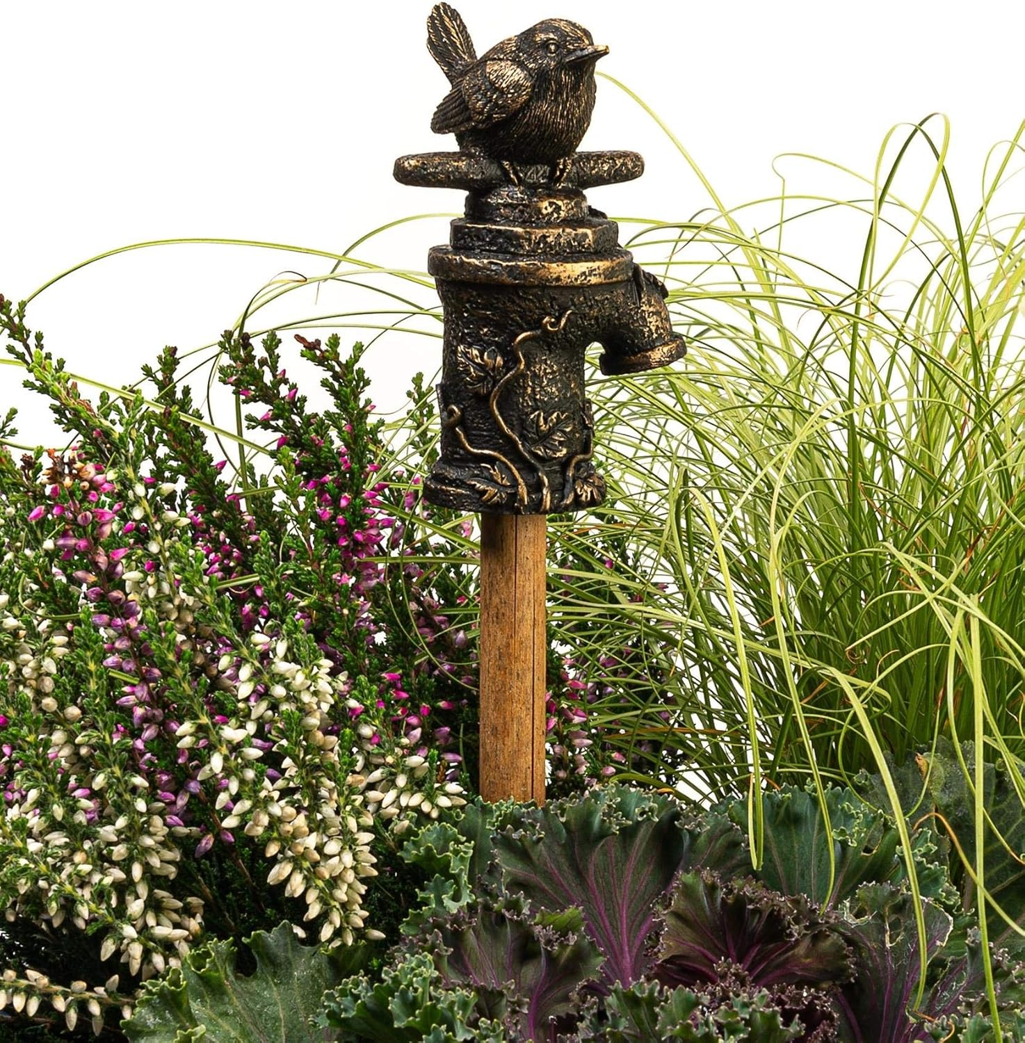 Jardinopia Garden Decor Antique Bronze Wren on Tap Stake Topper image number 4