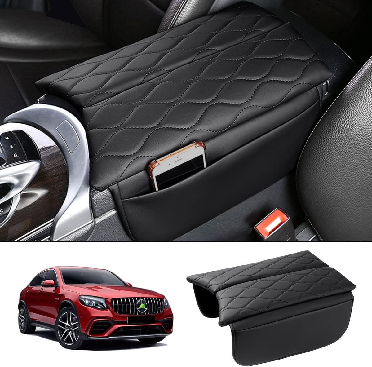 Karltys Compatible with Center Console Cover Mercedes Benz GLC Class 2016-2022 EQC 2019-2023 Accessories Armrest Cover Pad Leather Cushion Protector with Phone Holder Storage Pockets Black