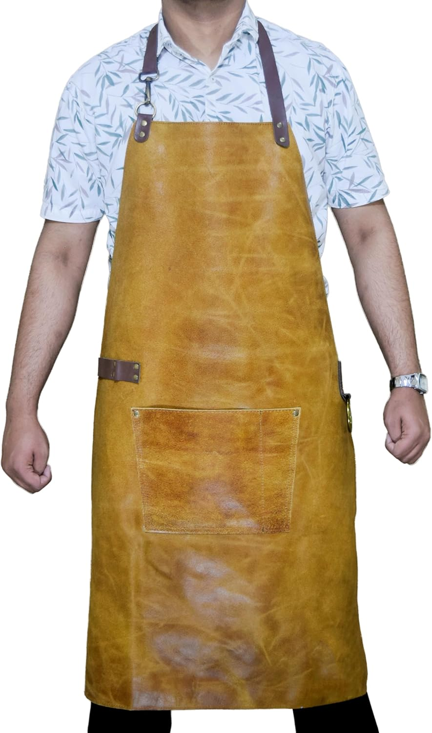 Premium Dual-Tone Yellow Leather Apron 36"X26" &ndash; Vintage Heavy-Duty Work Apron with Adjustable Straps, Brass Hardware & Tool Pockets &ndash; for BBQ, Bartending, Blacksmithing & Woodworking image number 3