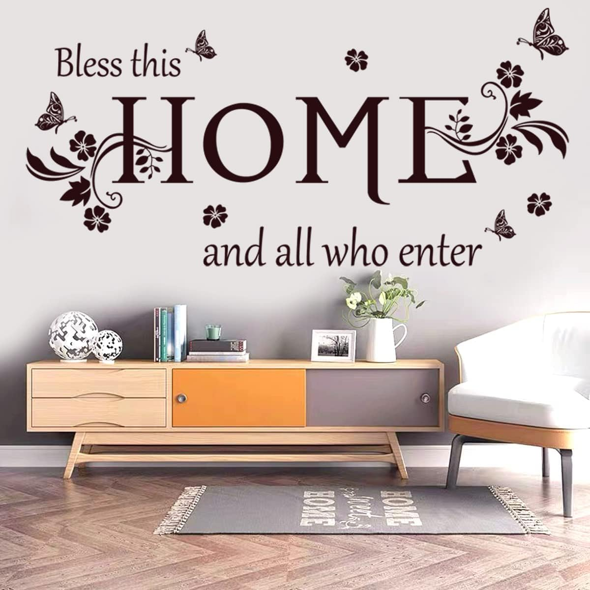 Black Vinyl Wall Sticker Wall Word Quotes Bless This Home and All Who Enter Wall Decals Flowers Butterfly Wall Decor Sticker for Entryway Living Room Home Decor.