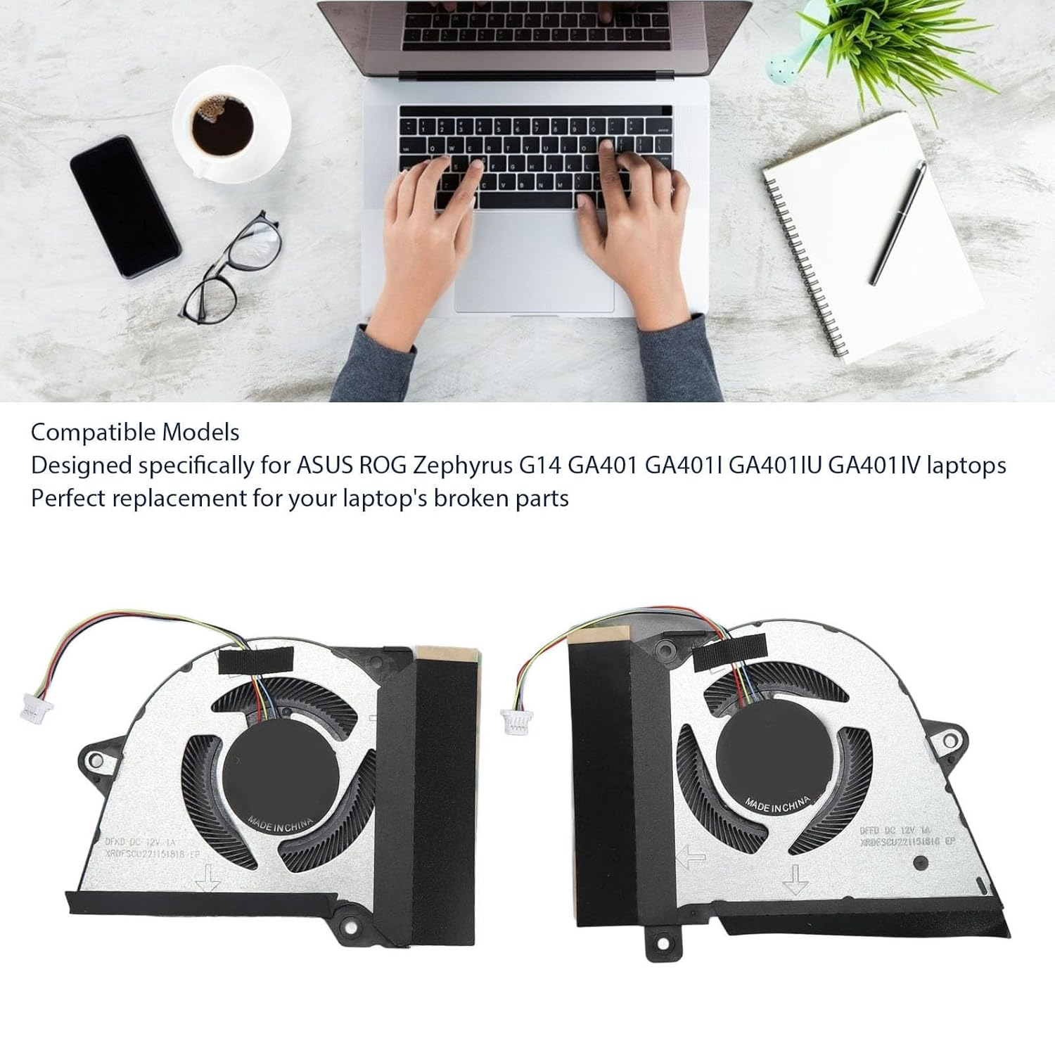 4 Pin Laptop Cooling Fan, Replacement Cooling Fan for ROG Zephyrus G14 GA401 GA401I GA401IU GA401IV Laptops, Aluminum Alloy with ABS Material (CPU and GPU) image number 5