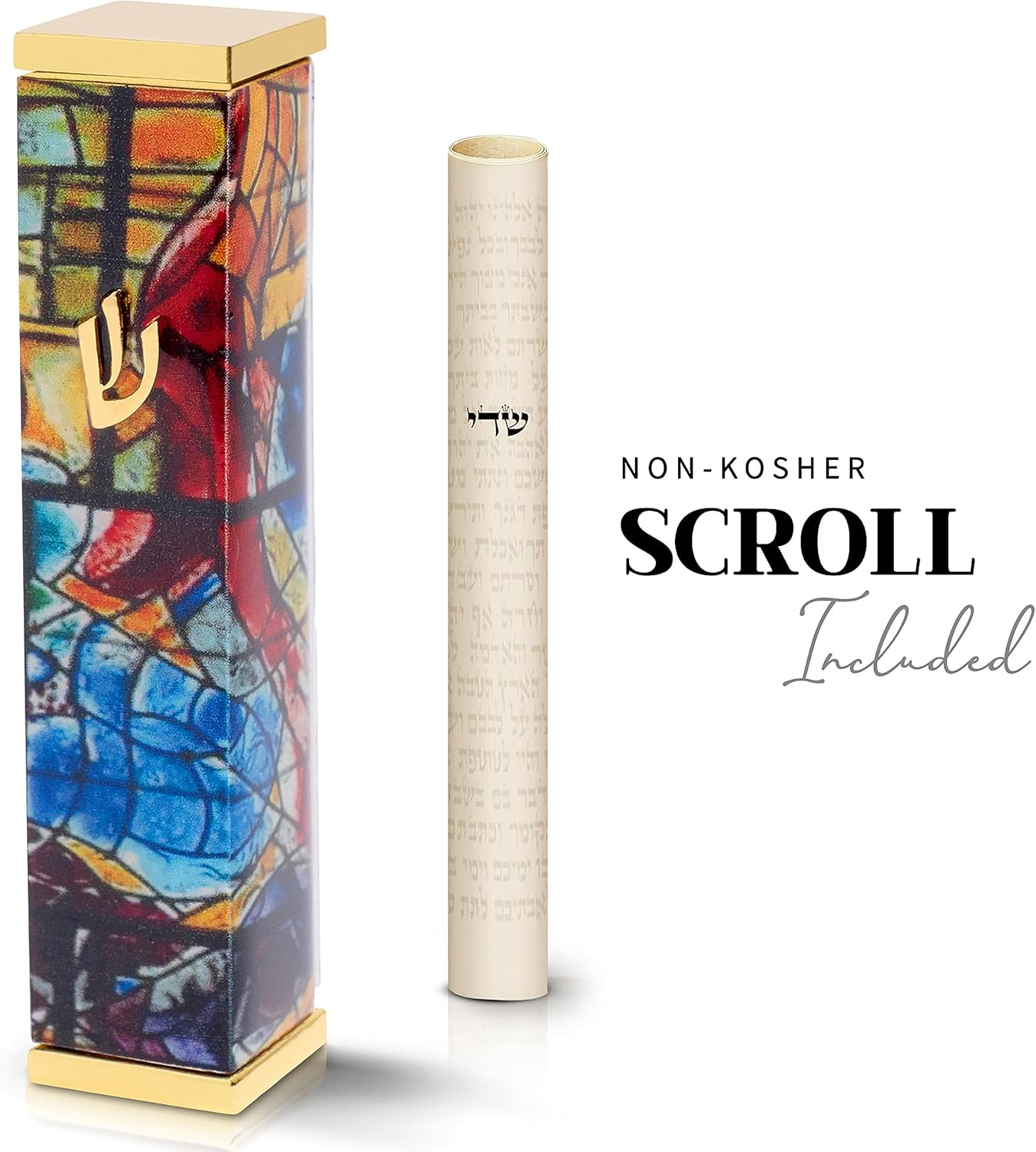 SURI Mezuzah for Door with Printed Scroll inside | 4" Modern Mezuzah Case with Yellow Chagall Design, 24K Gold-Plated Aluminum | Jewish Gift from Israel, Includes Adhesive - Blue  Gold image number 7