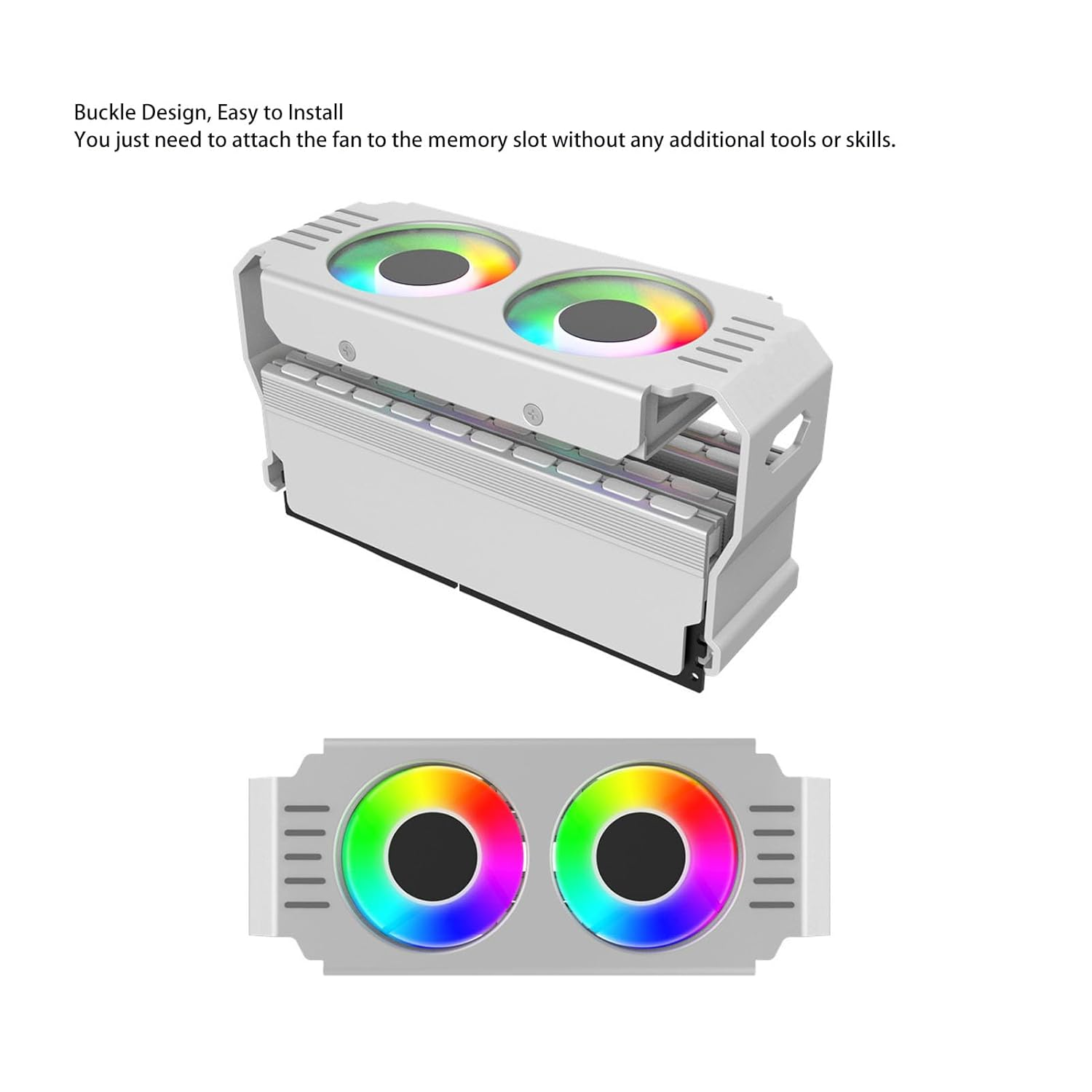 Memory Module Cooler, 1000-4500RPM Speed Dual Fans Low Noise Running RAM Heat Sink Fan Shock Absorption 5V 3 Pin ARGB Light for DDR DDR2 DDR3 DDR4 DDR5 (White) - Black image number 3