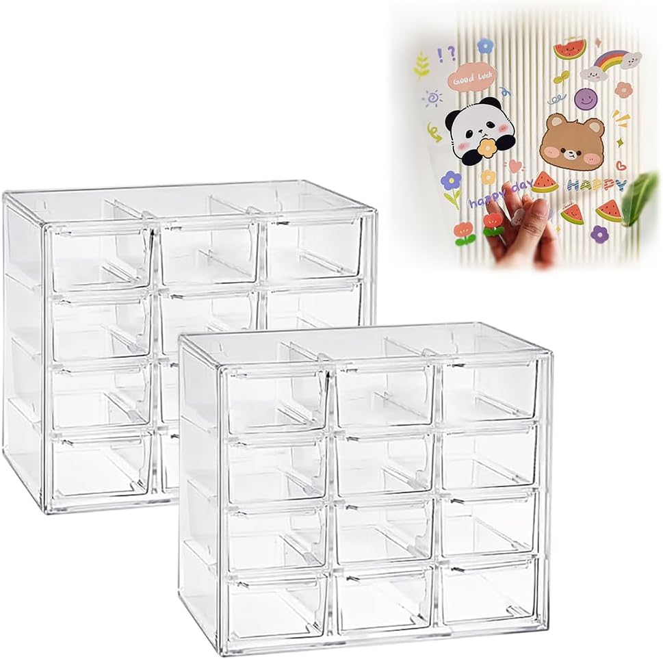 Clear Acrylic Desk Organizer with 12 Mini Stackable Drawers - Perfect for Makeup, Jewelry, Crafts & Office Supplies, Includes Sticker Labels (2)