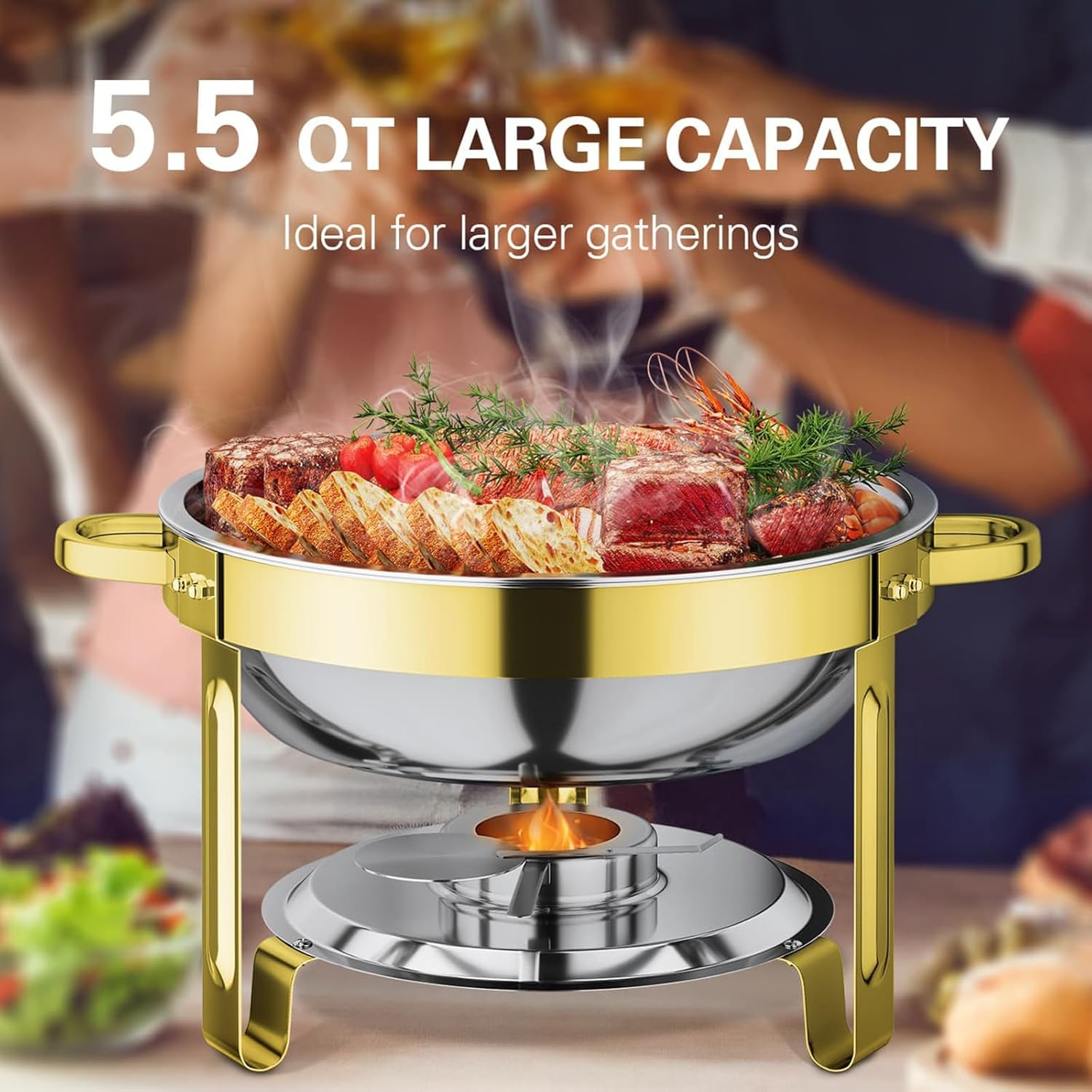 5.5QT Chafing Dishes for Buffet 2 Pack, round Stainless Steel Chafer for Catering, Upgraded Chafers and Buffet Warmer Sets with Food & Water Pan, Gold Frame, Fuel Holder for Any Events image number 6