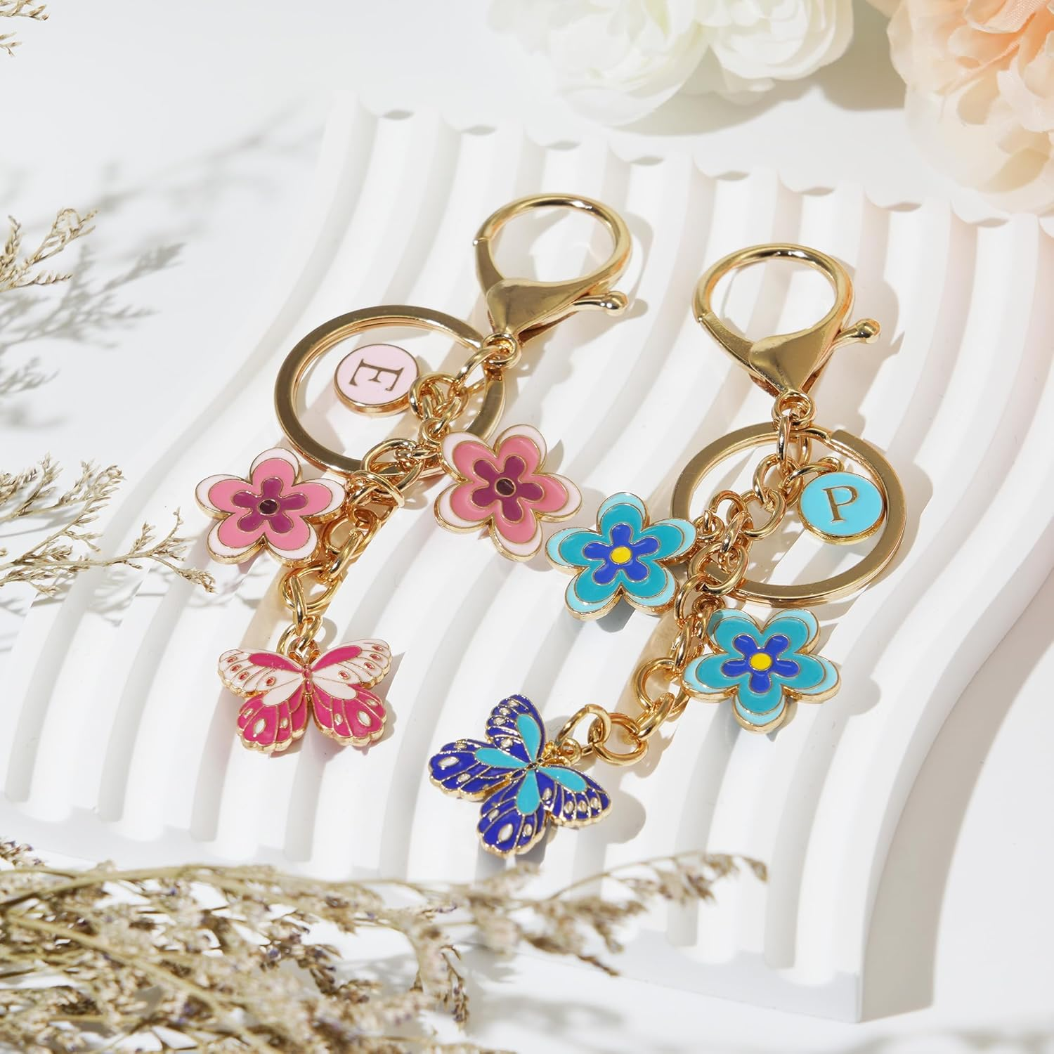 Yeeyeow Cute Initial Letter Flower and Butterfly Keychain for Women Purse Charms Bag Charms for Handbag Backpack image number 2