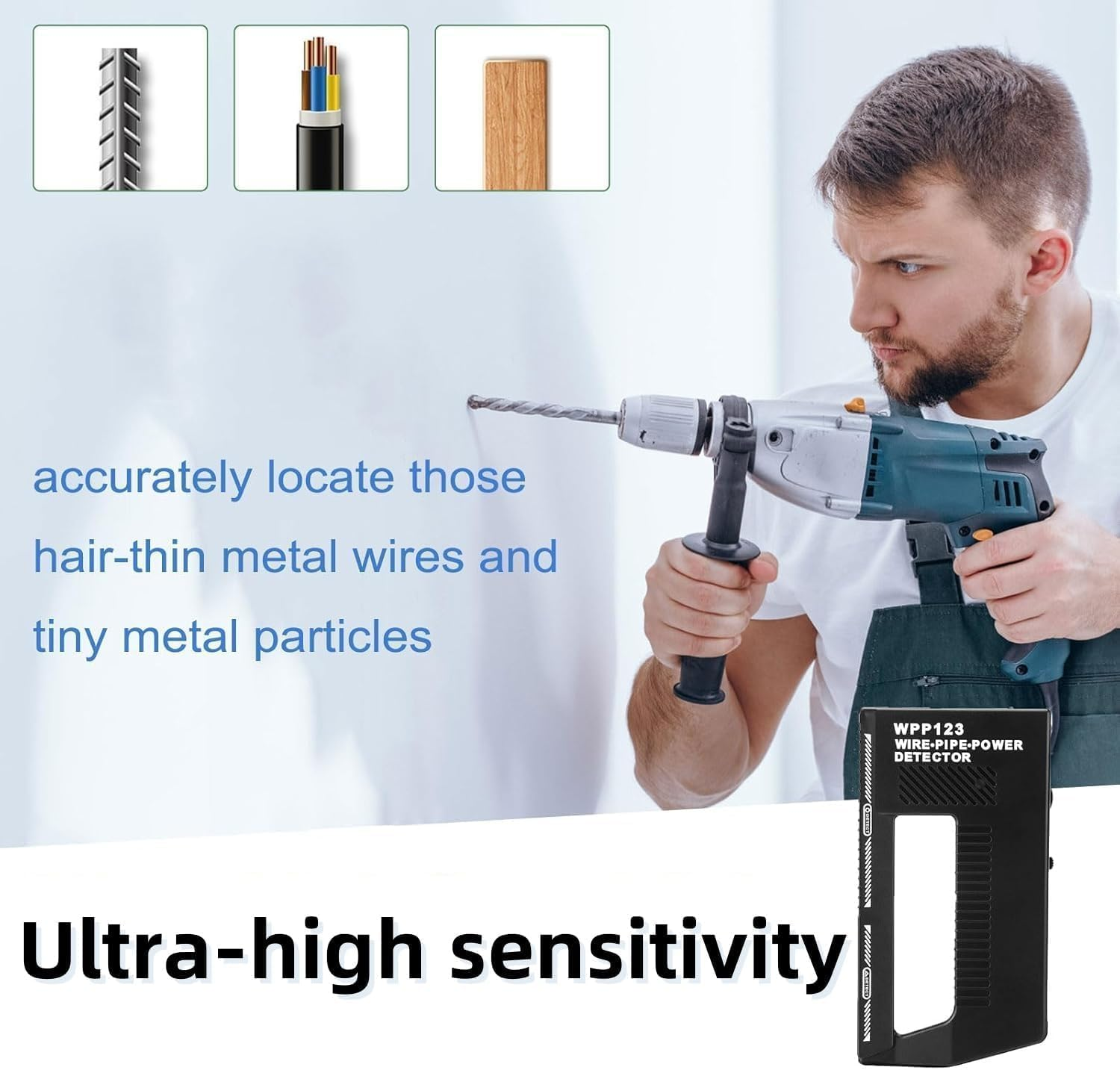 Wall Scanner Metal Detector, Adjustable Alert Pipe Power Wall Stud Finder Metal Detector for Adults, AC Wire Wpp123 Plastic High Sensitivity Black image number 4