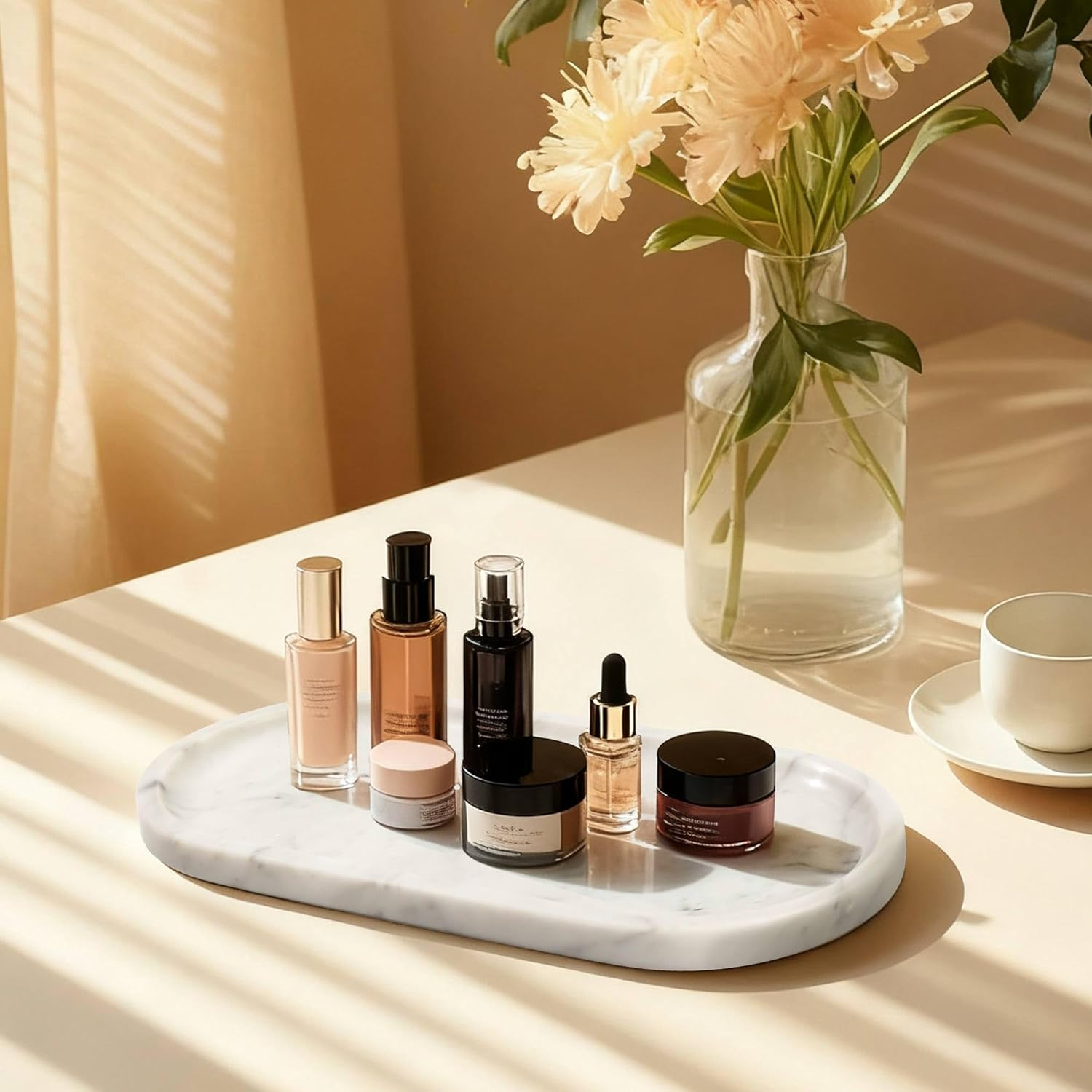 Aturalux Natural Marble Tray for Vanity (12" L X 6" W), Marble Tray with 4 Non-Slip Silicone Gaskets, Decorative Tray for Perfume, Jewelry, Kitchen & Dresser Decor - Light Beige Tray image number 2