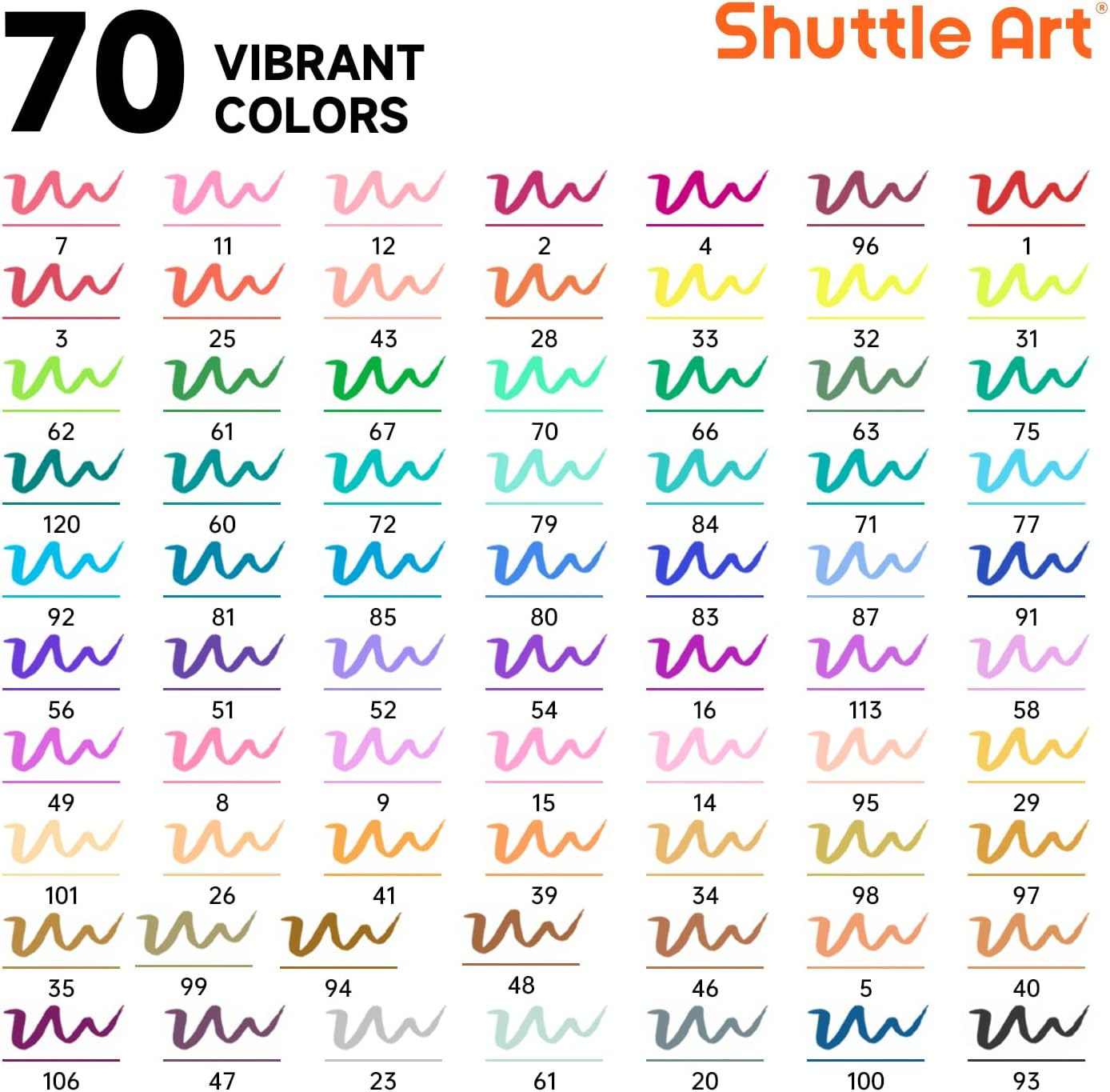 Shuttle Art Dual Tip Brush Pens, 70 Colours Fine and Brush Tip Markers Set with Portable Case & 1 Colouring Book, Felt Tip Colouring Pens for Adults and Children Colouring Calligraphy Journal Doodling - 96 Colours image number 2