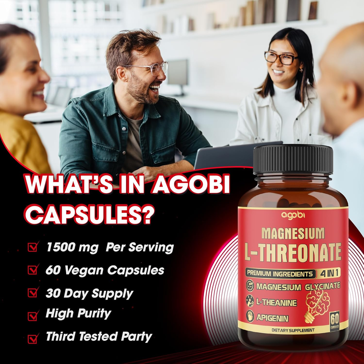 60 Capsules - 1500Mg Magnesium L-Threonate Capsules, Magnesium Glycinate, L-Theanine, and Apigenin - Gluten-Free, Non-Gmo image number 4