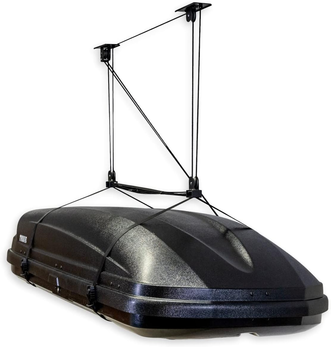 Storeyourboard Cargo Box Ceiling Storage Hoist, Heavy Duty Holds 150 Lbs, Rooftop Carrier Garage Pulley System