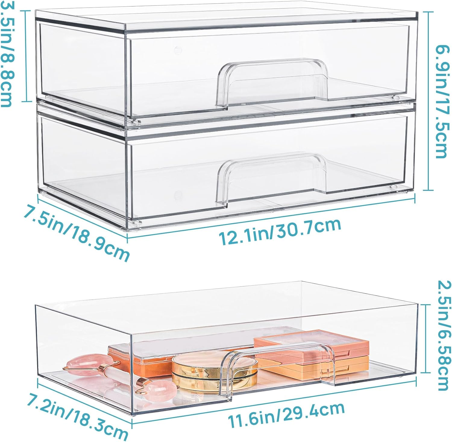 Vtopmart 12''W Clear Stackable Storage Drawers,4 Pack Acrylic Plastic Organizers Bins for Makeup Palettes, Cosmetics, and Beauty Supplies,Ideal for Vanity, Bathroom,Cabinet,Desk Organization image number 5
