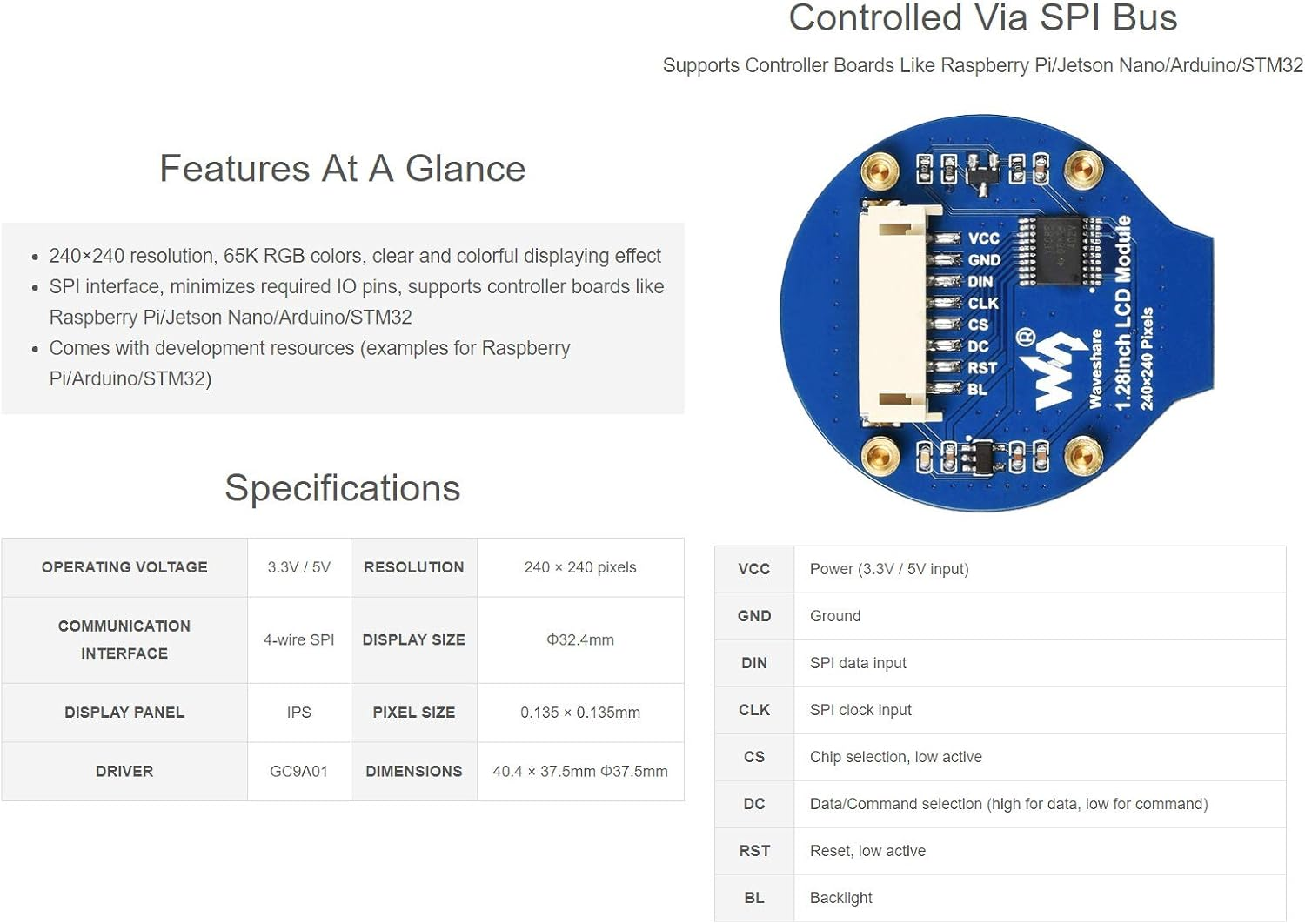 Waveshare 1.28Inch General Circle LCD IPS Display Module for Raspberry Pi/Jetson Nano Etc image number 1