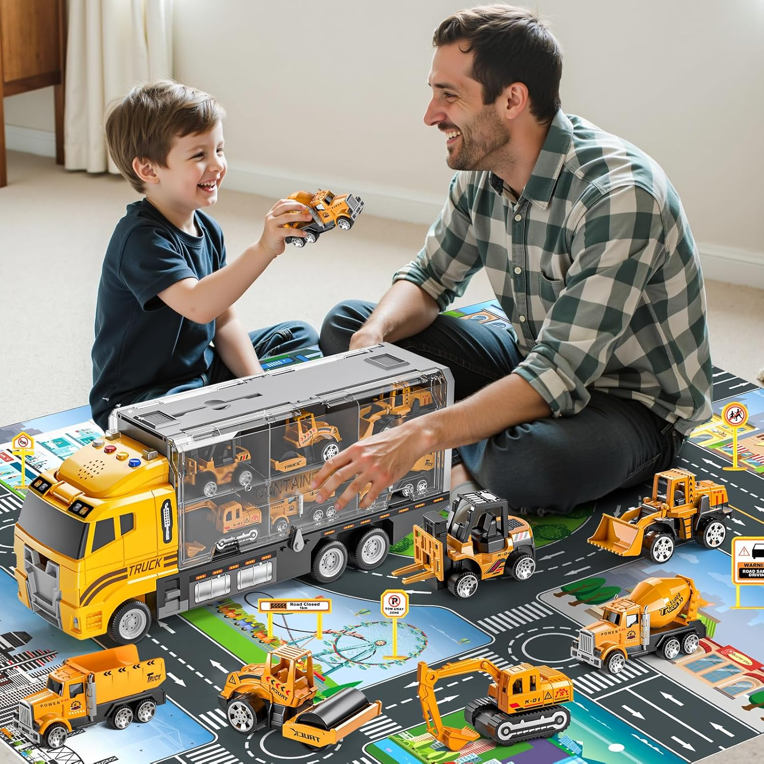 Construction Vehicle Trucks Cars Toy for 3 4 5 6 Years Old Boys Kids - Carrier Play Set with Play Mat, Die-Cast Car Toys with Excavator, Forklift, Birthday Gifts Toys for 3-9 Year Old Boys image number 6