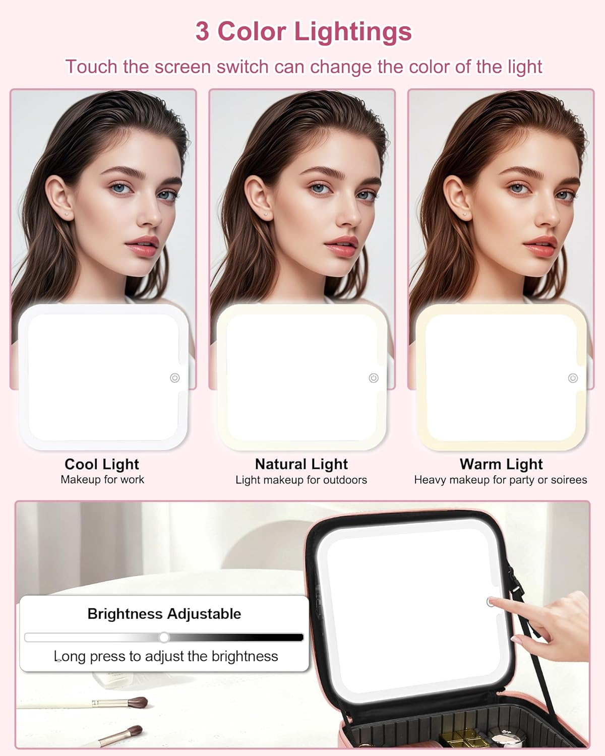 Relavel Makeup Bag with LED Mirror Cute Personalized Initial Makeup Bag for Women Pink Cosmetic Travel Toiletry Bag Girl Gifts, Pink image number 4