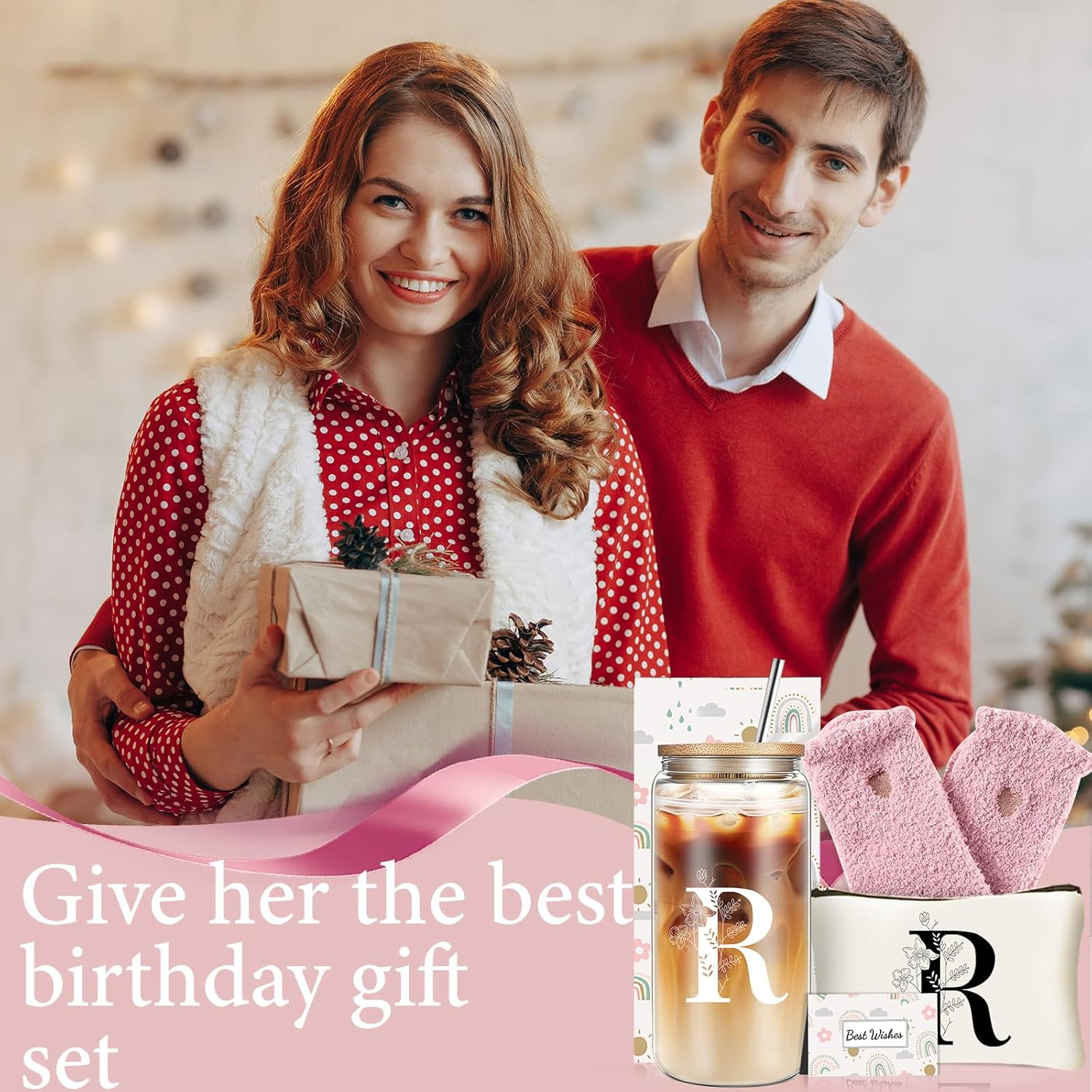 DHQH Personalized Initial Glass Cup with Lids and Straws, Monogrammed Gifts Box Included Ice Coffee Cup Makeup Bag for Her, Christmas Birthday Gifts for Women, R image number 6