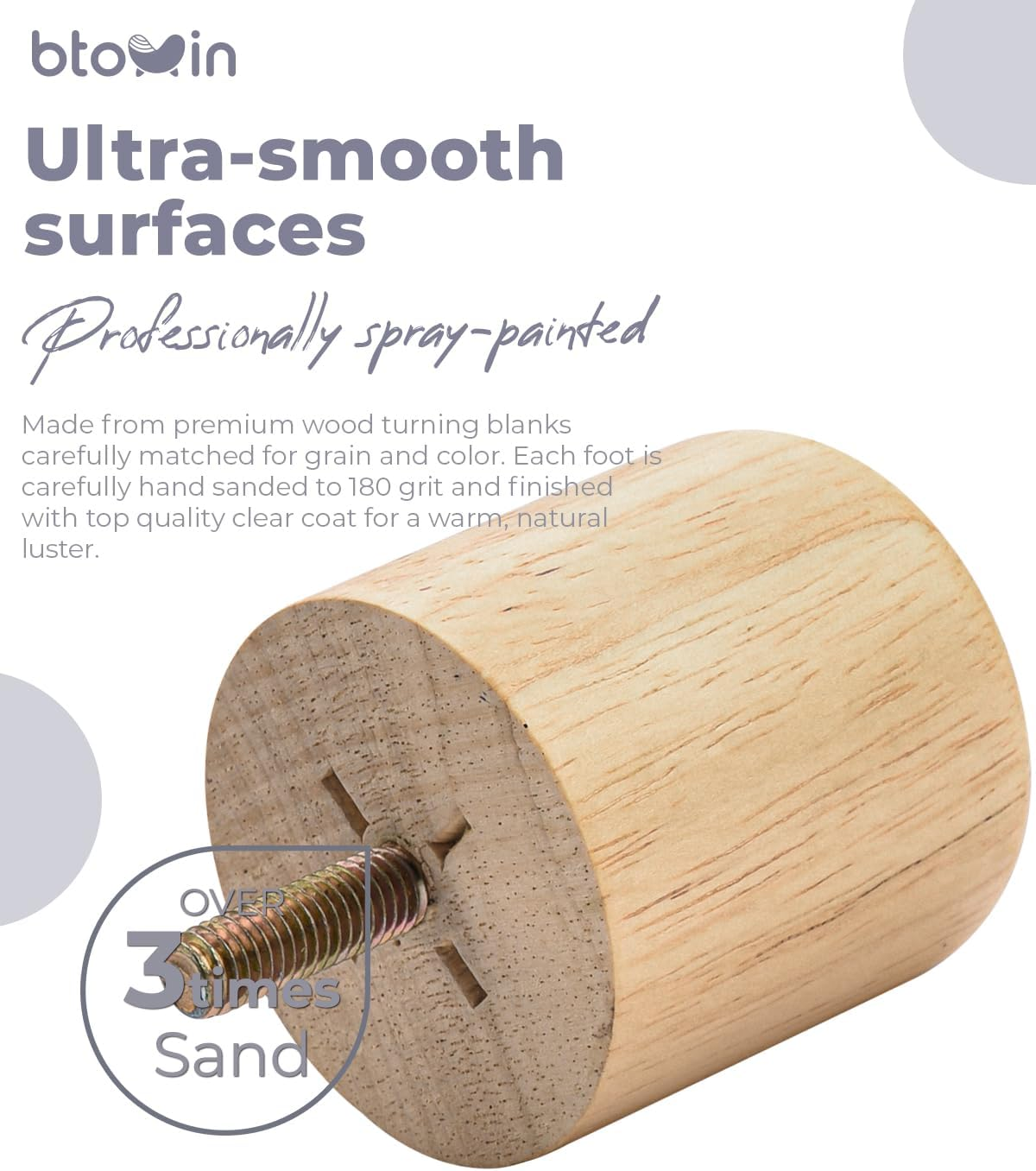 2 Inch Solid Wood Furniture Legs, Btowin 4Pcs Modern round Wooden Bun Feet with Threaded M8 Hanger Bolts & Mounting Plate & Screws for Sofa Couch Cabinet Bed image number 5