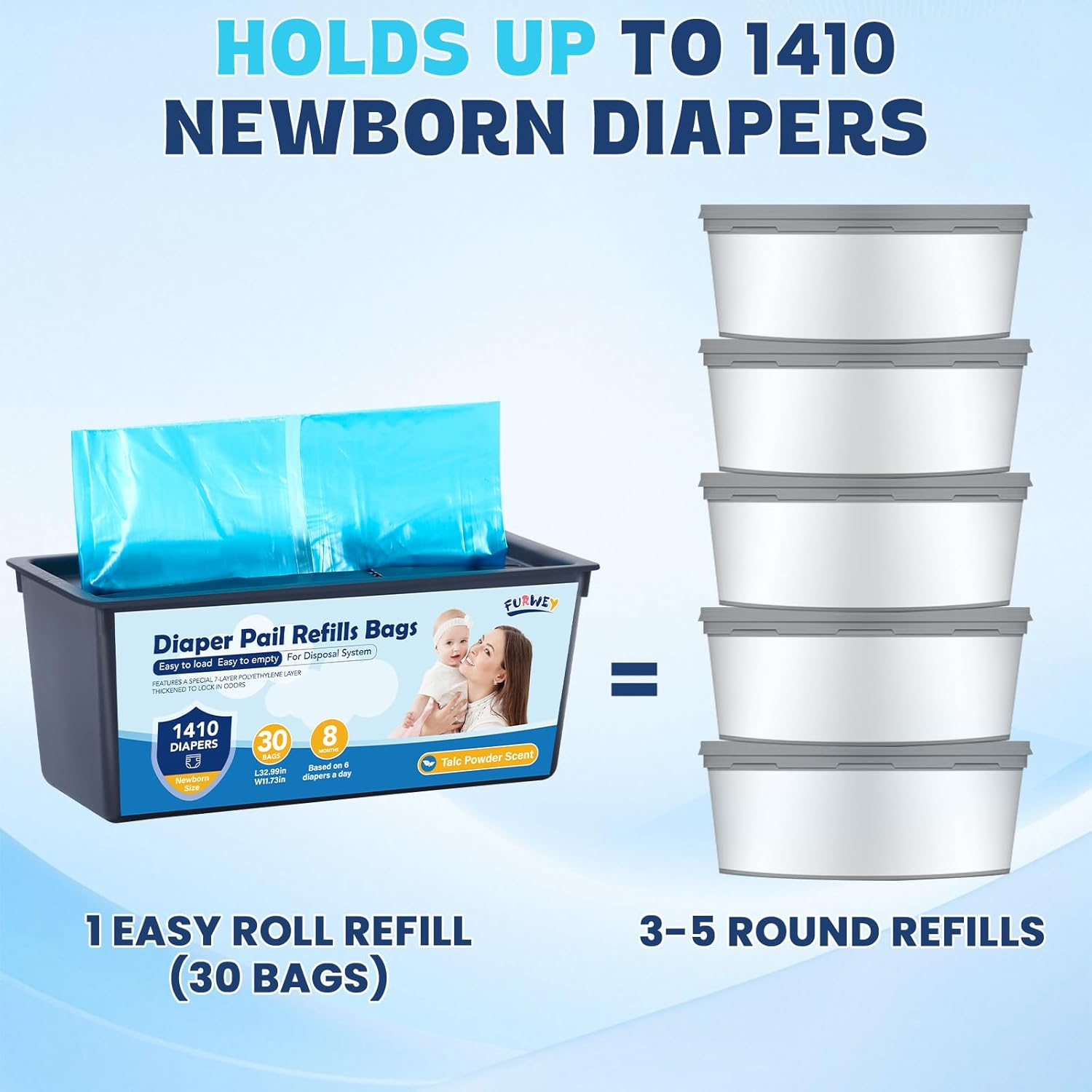 Diaper Pail Refill Bags 30 Bags per Refill Holds up to 5640 Newborn Diapers 7 Layer Odor Barrier Technology 4PACK (120 Bags)