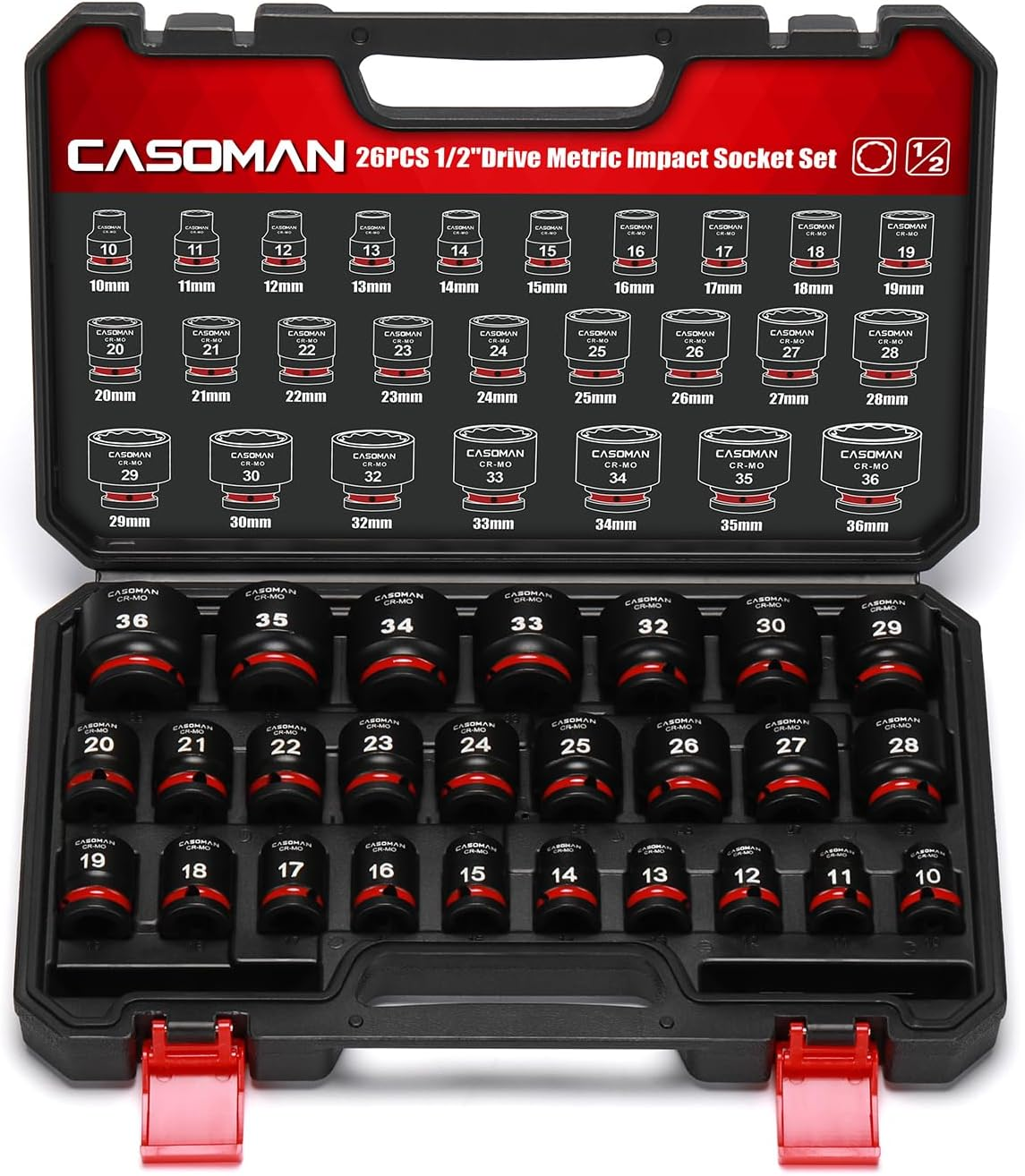 CASOMAN 26-Piece 1/2" Drive Standard Impact Socket Set, 12-Point, Metric, 10Mm - 36Mm, CR-MO Steel, with Storage Case image number 6